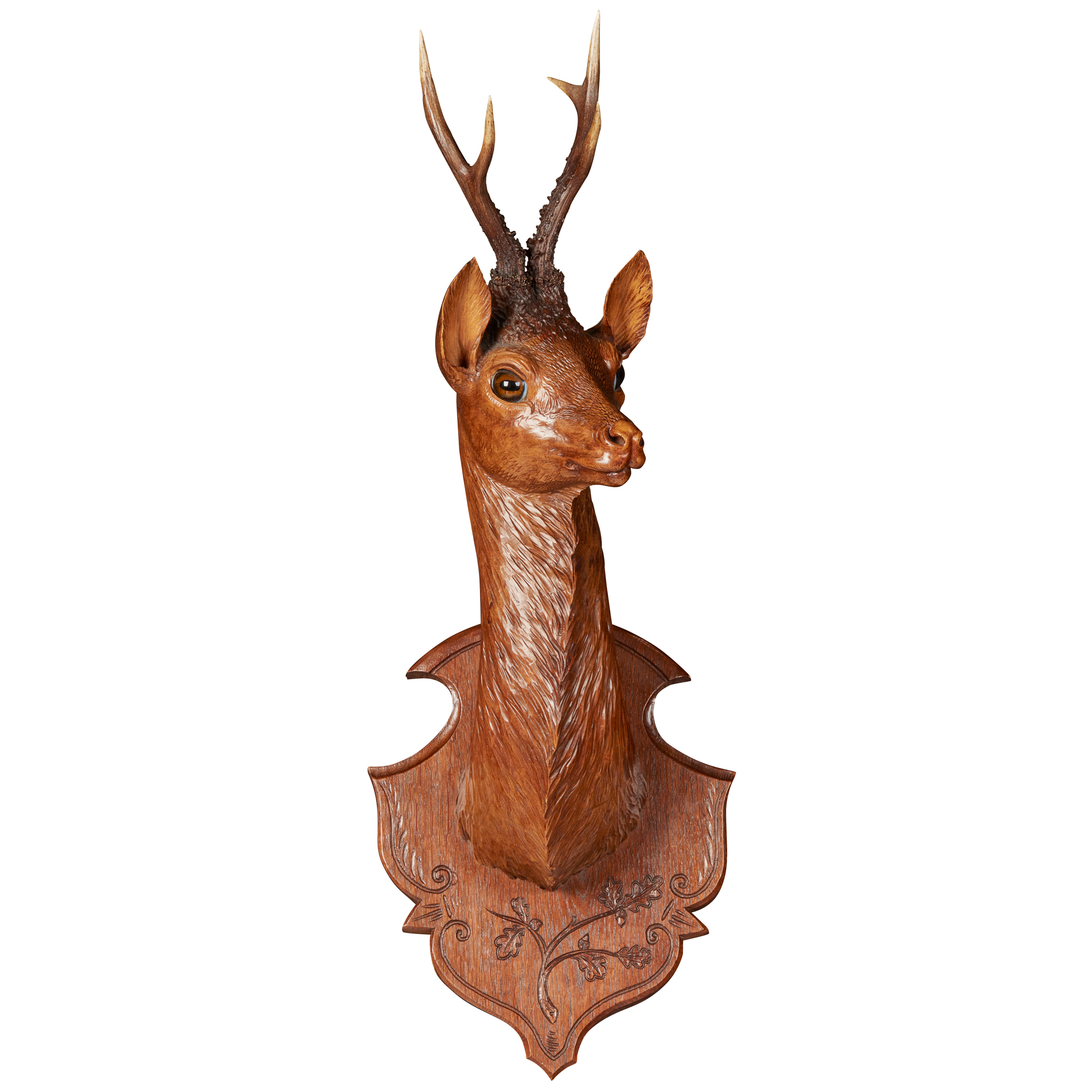 BLACK FOREST CARVED LINDEN WOOD ROE DEER ANTLERS TROPHY MOUNT
