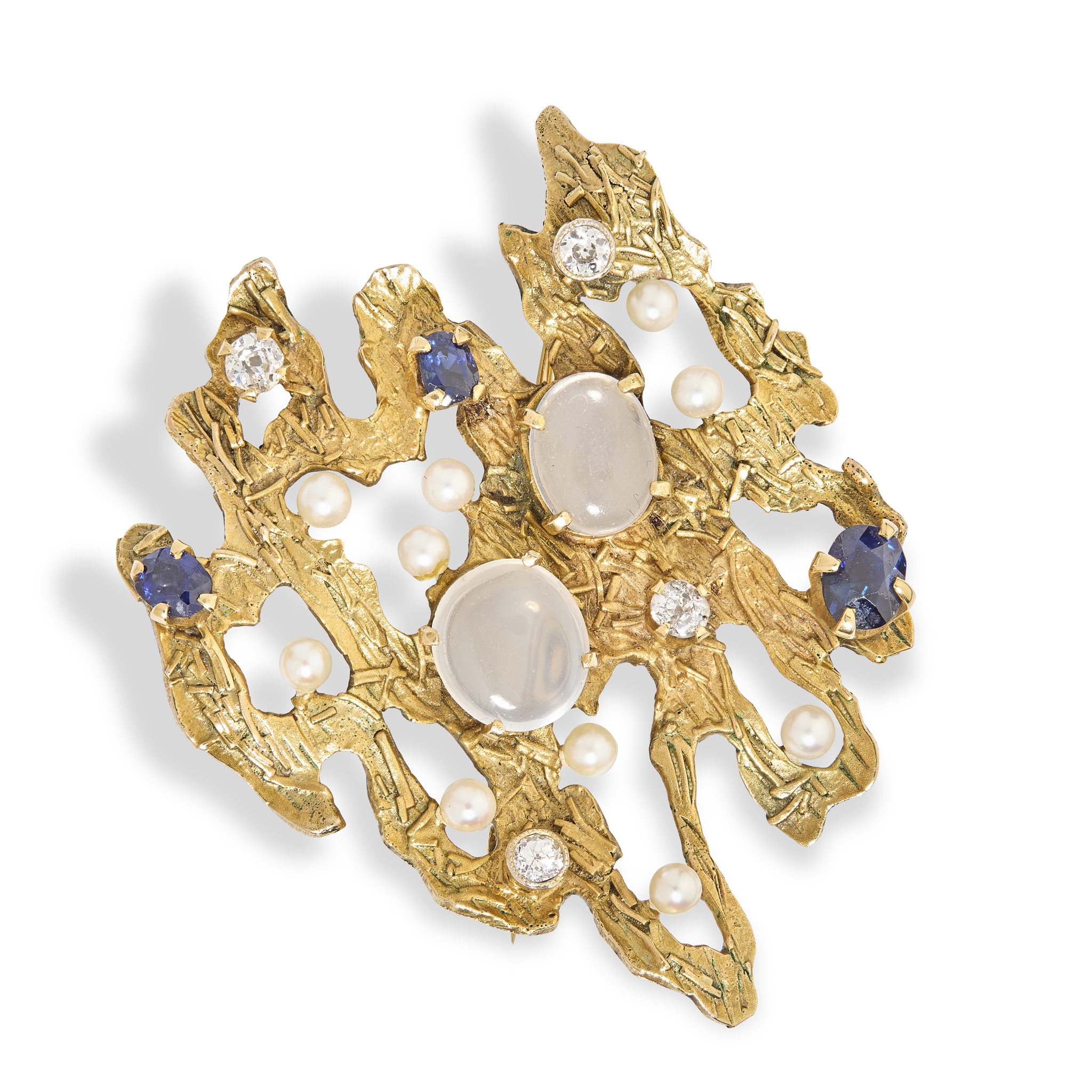 A 9ct gold modernist moonstone, diamond, sapphire and pearl brooch