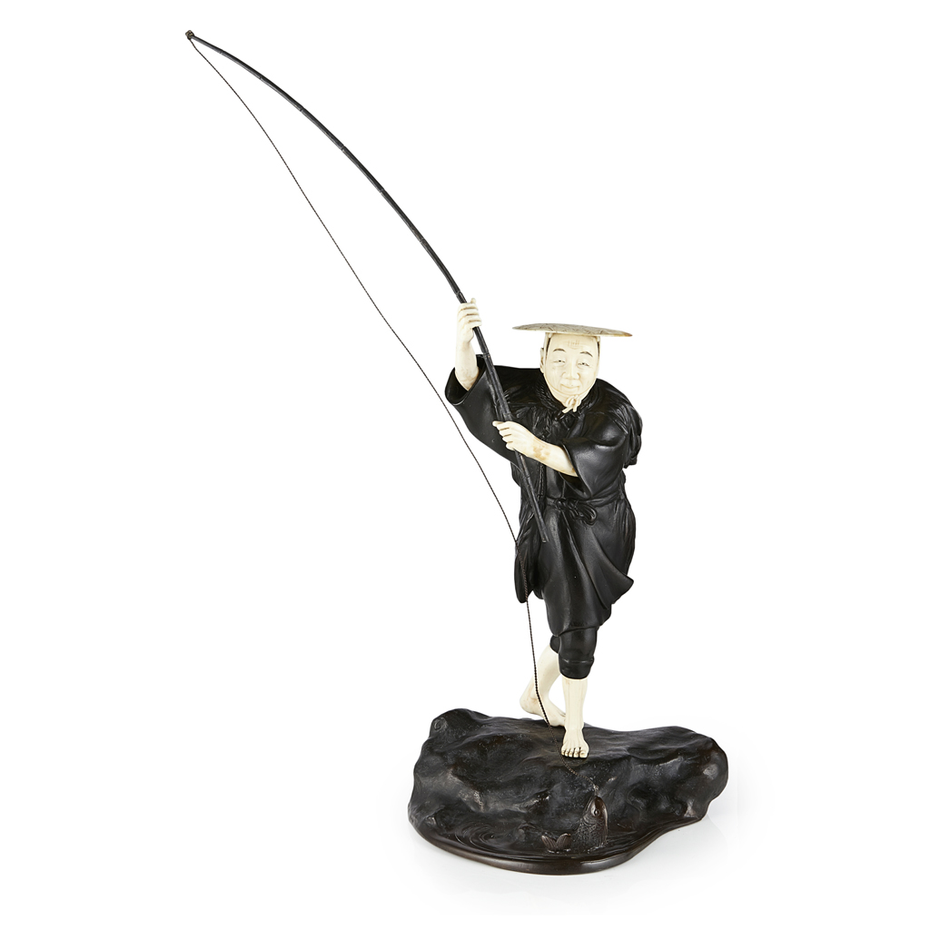 IVORY AND BRONZE OKIMONO OF A FISHERMAN