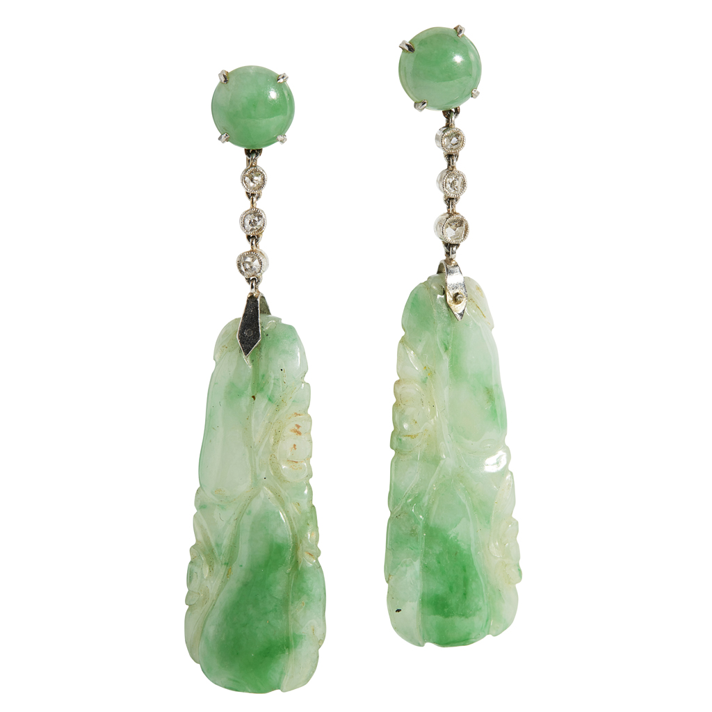A pair of jade and diamond set pendant earrings