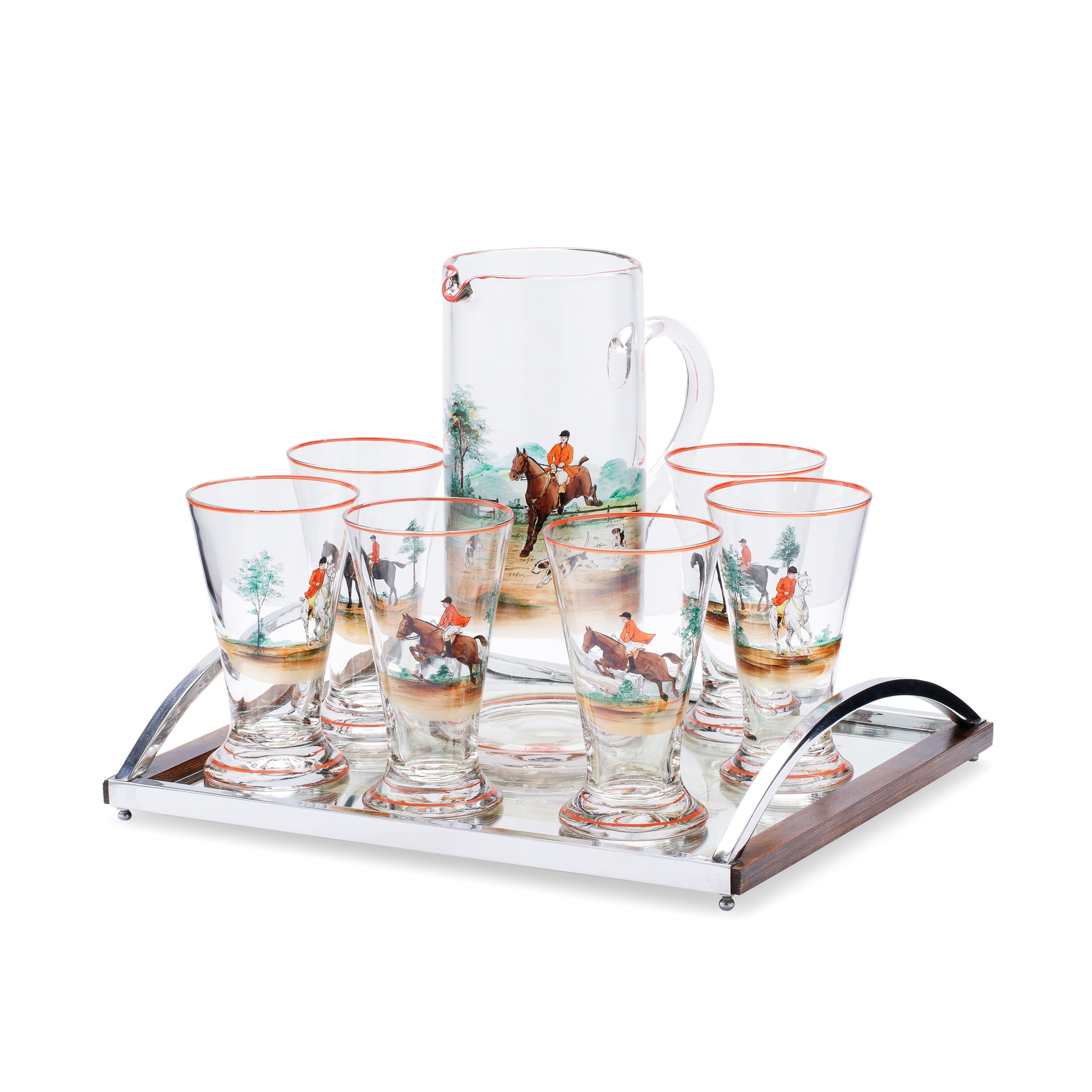 ENAMELLED GLASS LEMONADE SET, OF HUNTING INTEREST