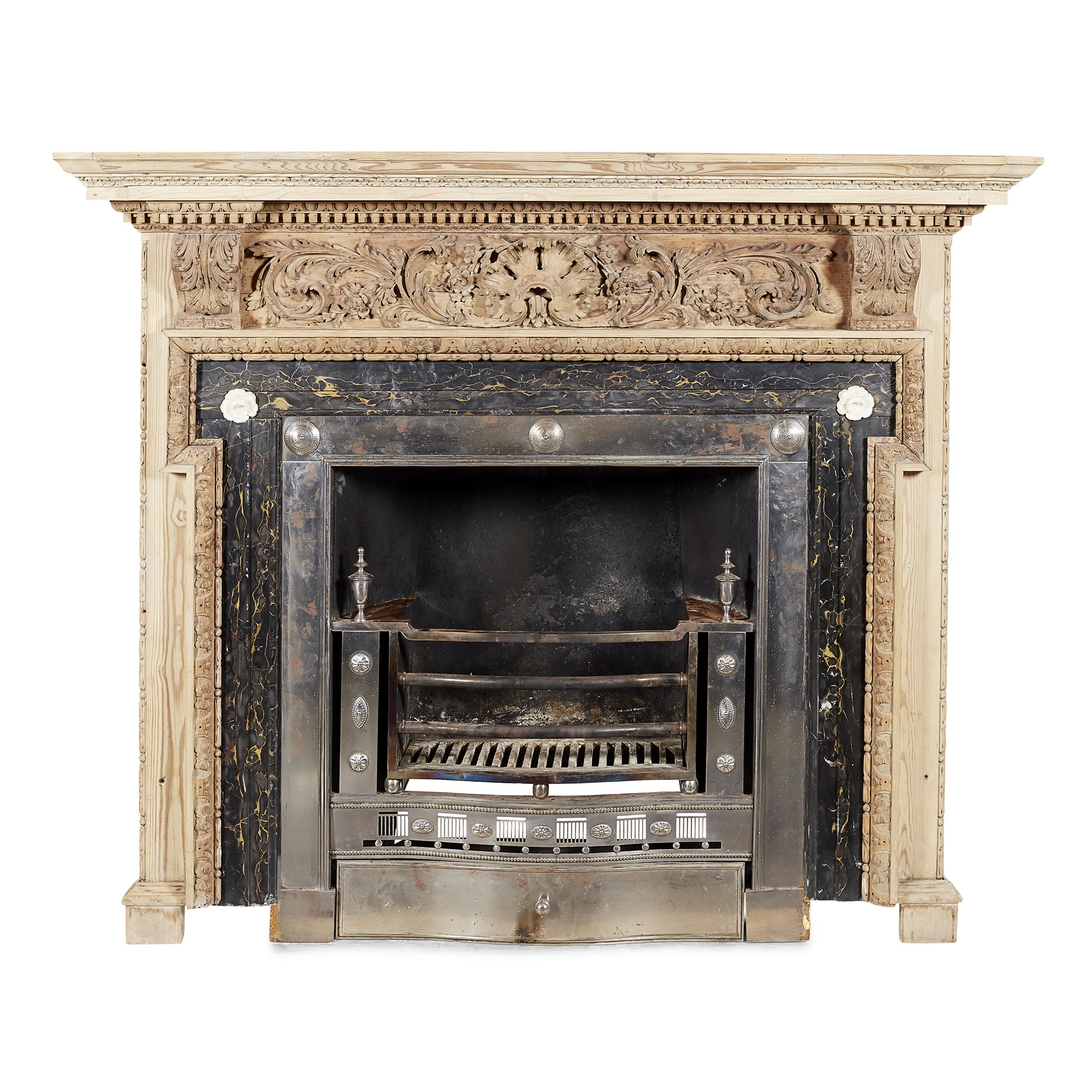 GEORGE III STRIPPED PINE AND MARBLE FIRE SURROUND AND POLISHED STEEL REGISTER GRATE