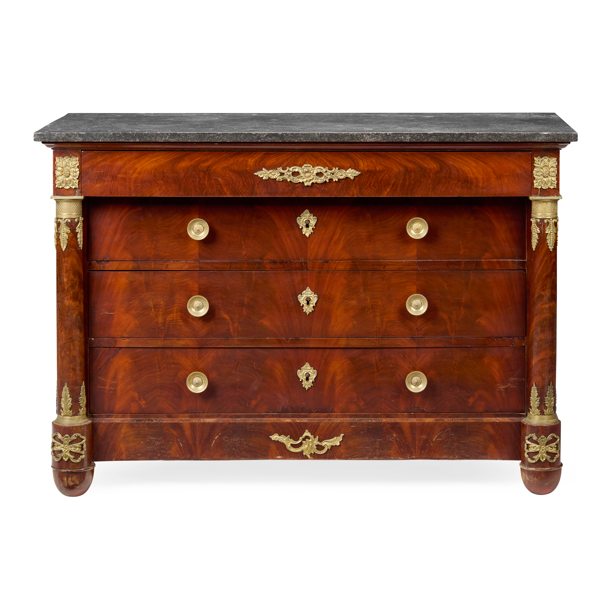 A FRENCH EMPIRE MAHOGANY SLATE TOPPED COMMODE