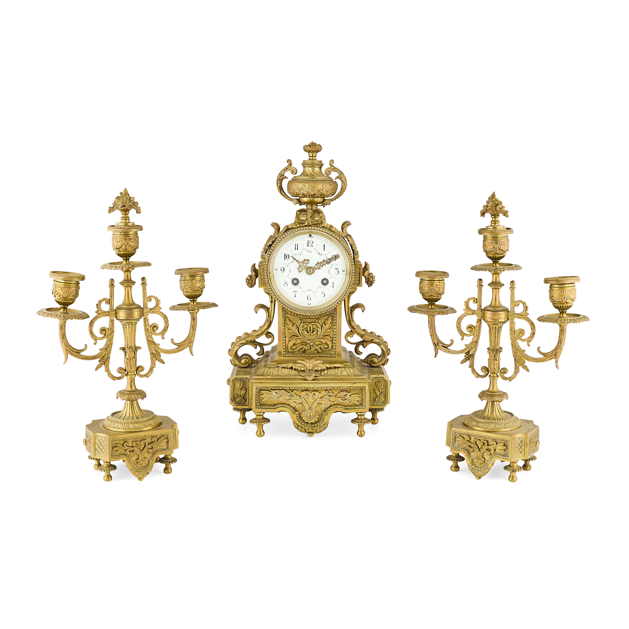 FRENCH BRASS CLOCK MANTEL CLOCK GARNITURE