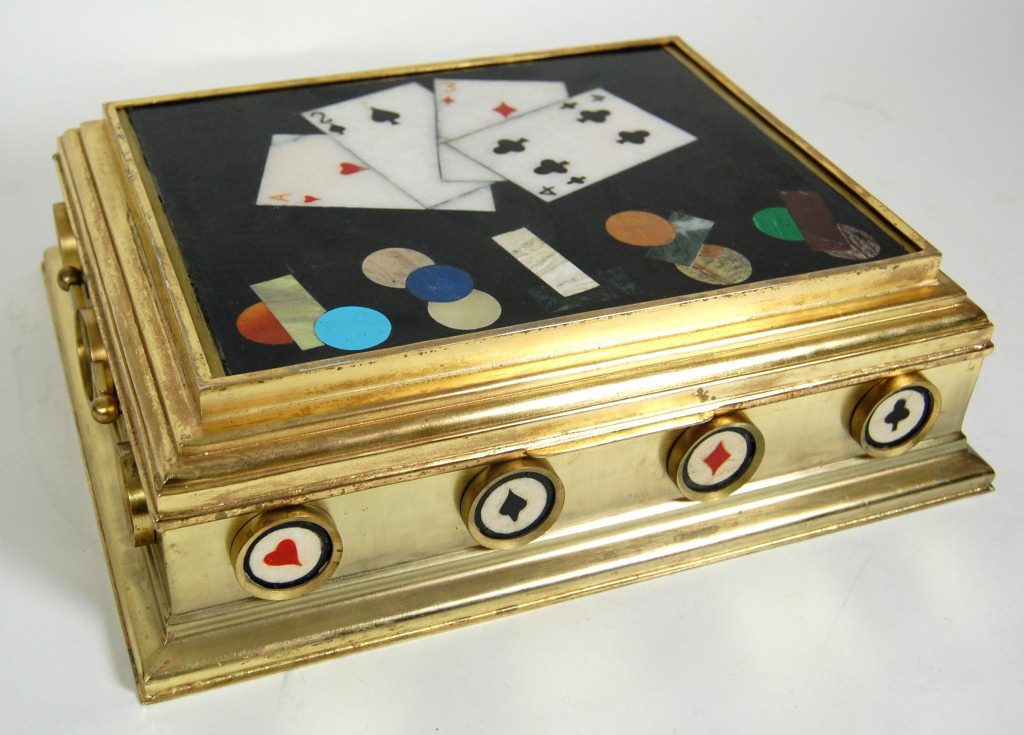 GILT BRONZE AND PIETRA DURA GAMES BOX
