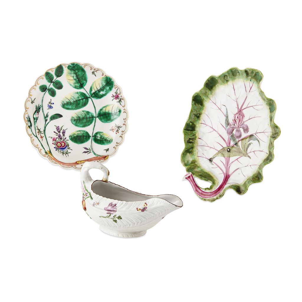 THREE ENGLISH PORCELAIN LEAF FORM DISHES