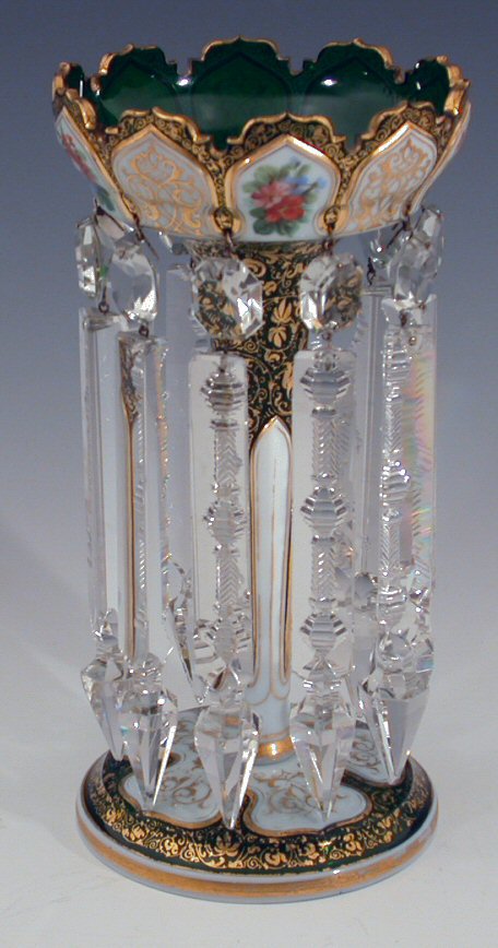 A pair of late 19th century Bohemian green glass lustres