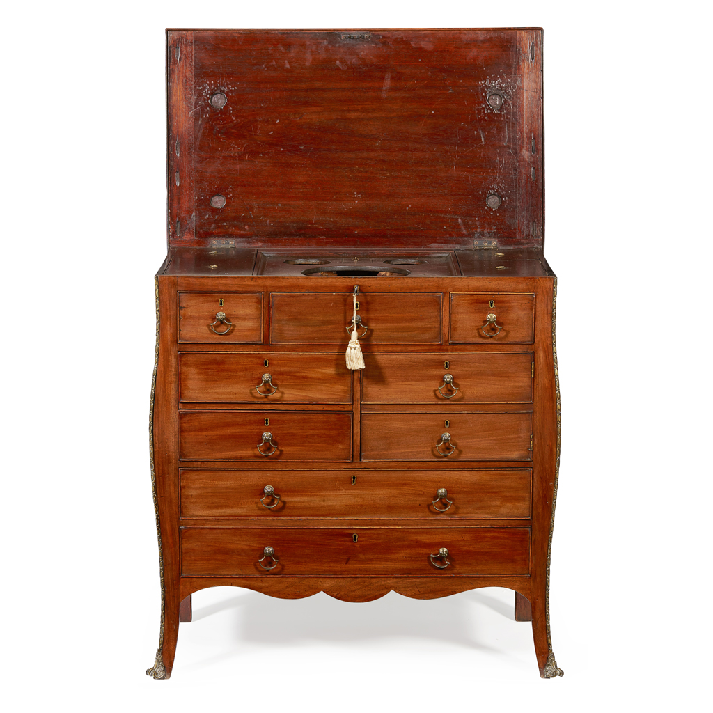 GEORGE III 'HEPPLEWHITE' MAHOGANY BRASS MOUNTED DRESSING CHEST OF DRAWERS