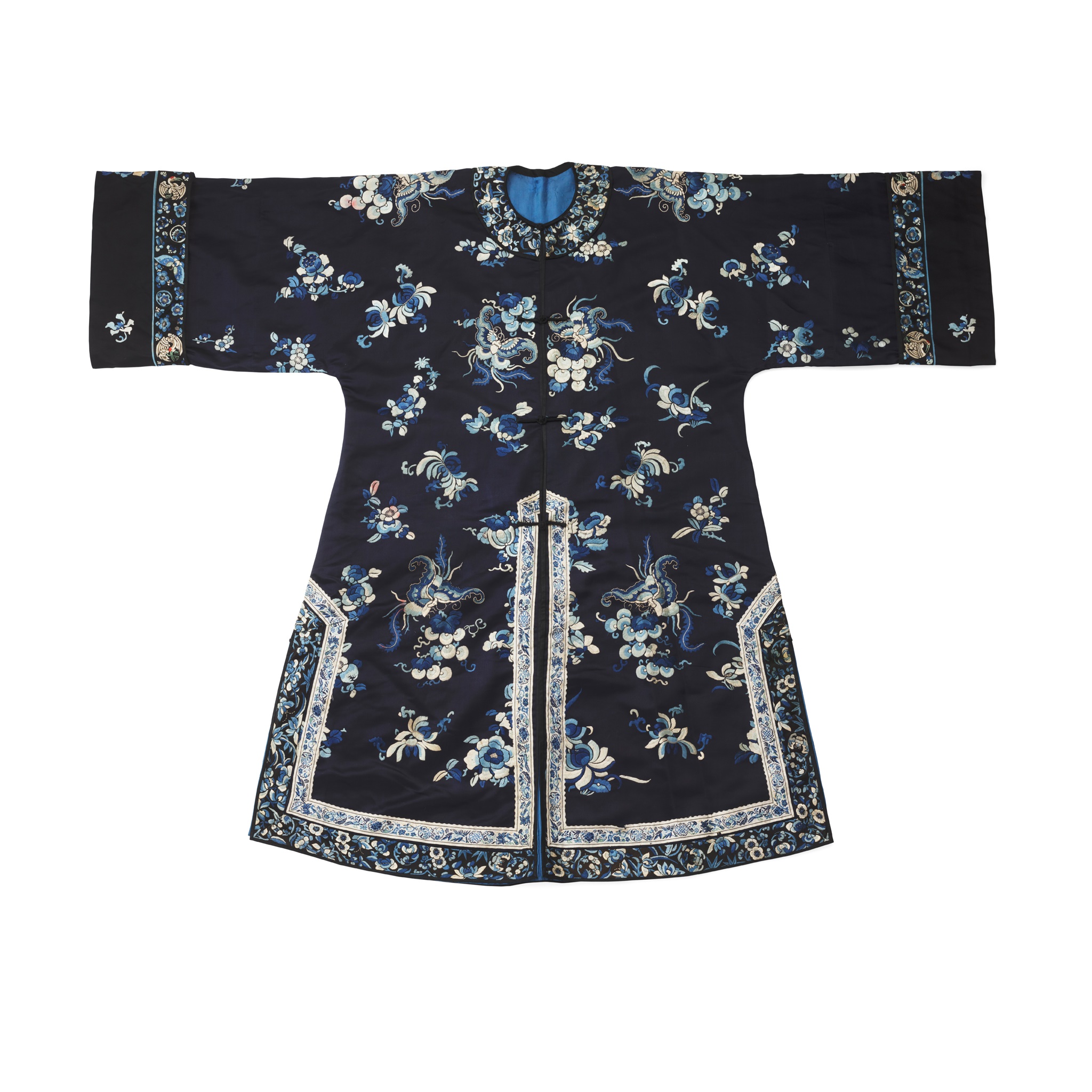 MIDNIGHT-BLUE-GROUND SILK EMBROIDERED LADY'S OVERCOAT