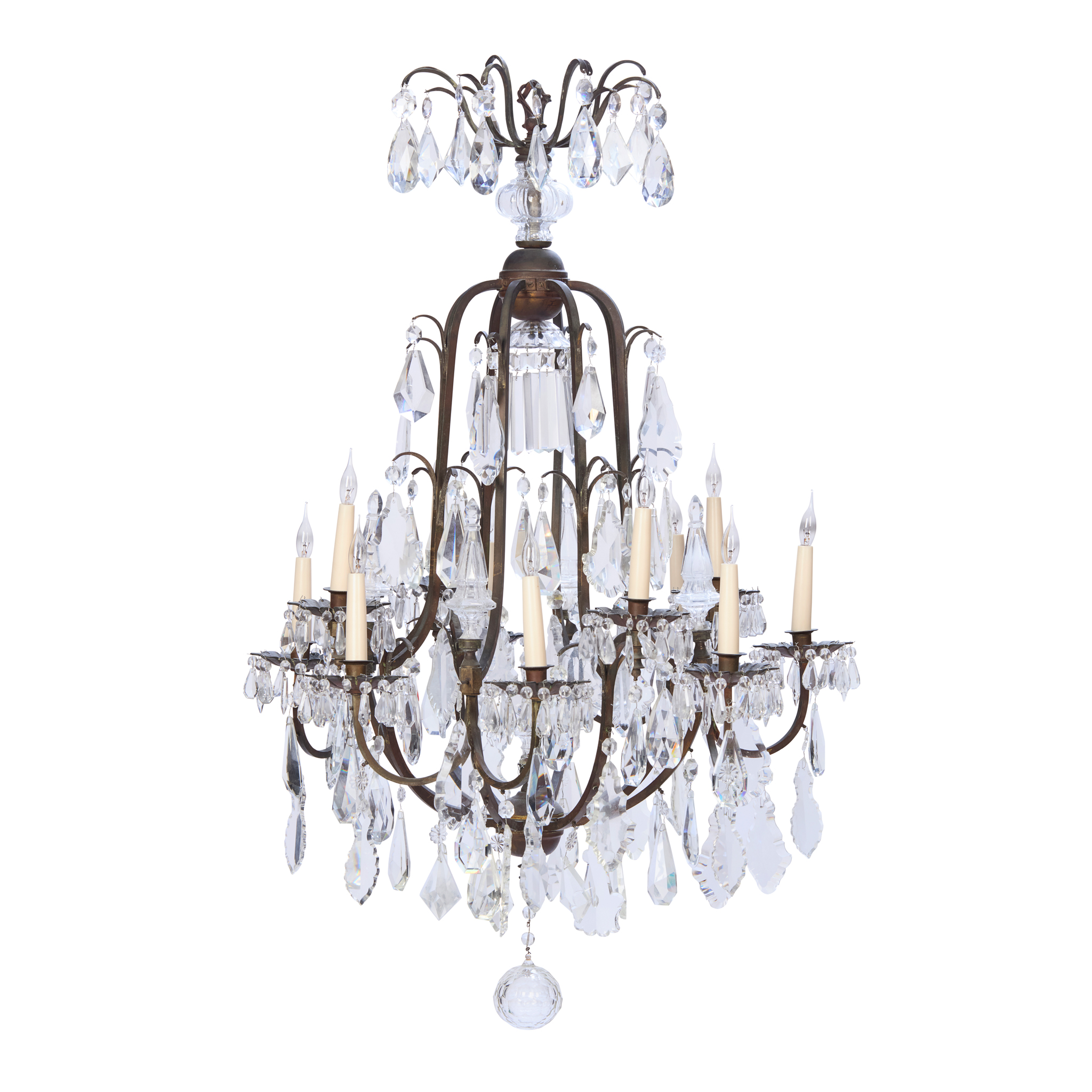 FRENCH BRONZE AND GLASS TWELVE LIGHT BIRDCAGE CHANDELIER