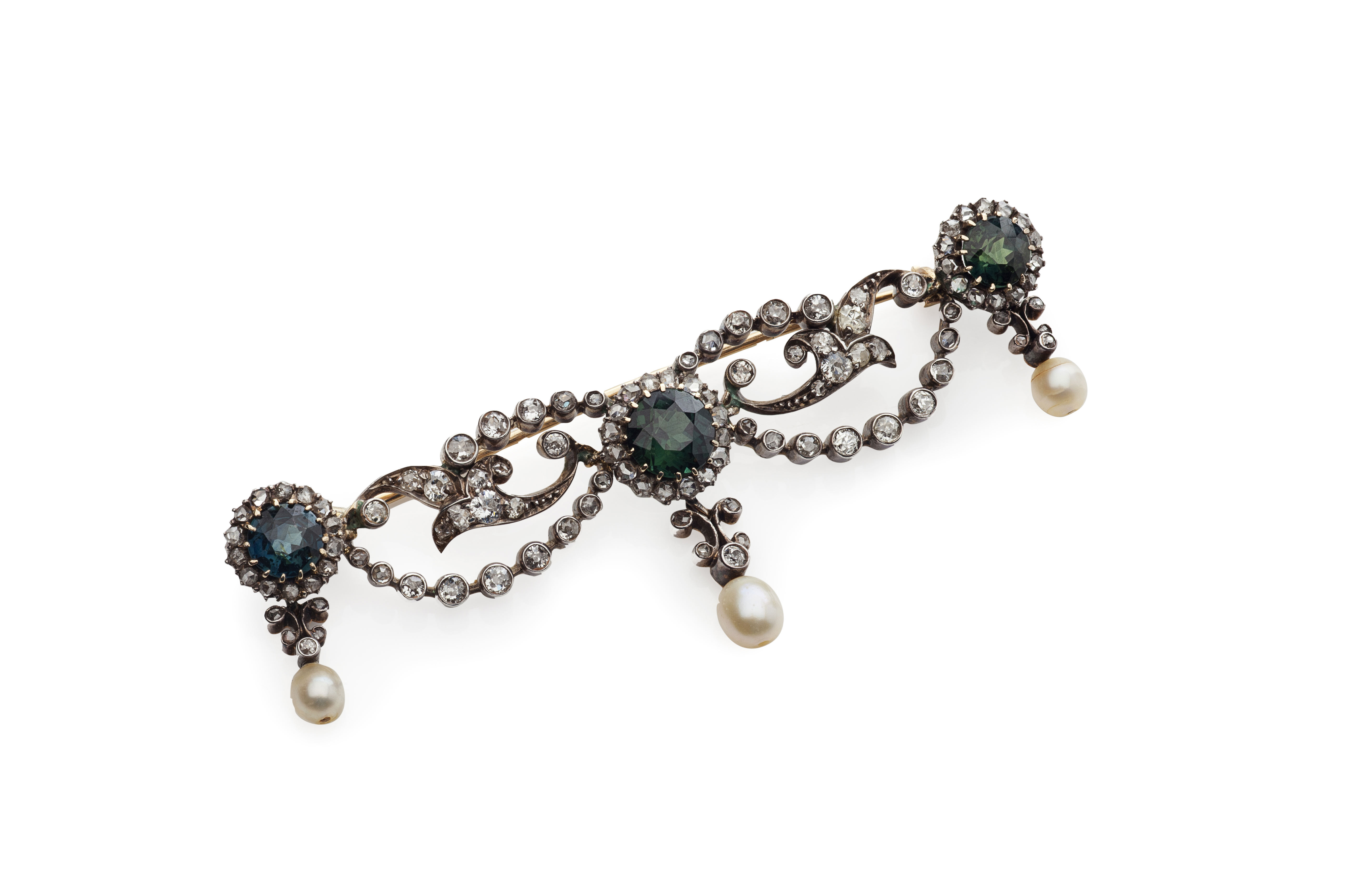 A late 19th century sapphire and diamond set swag brooch