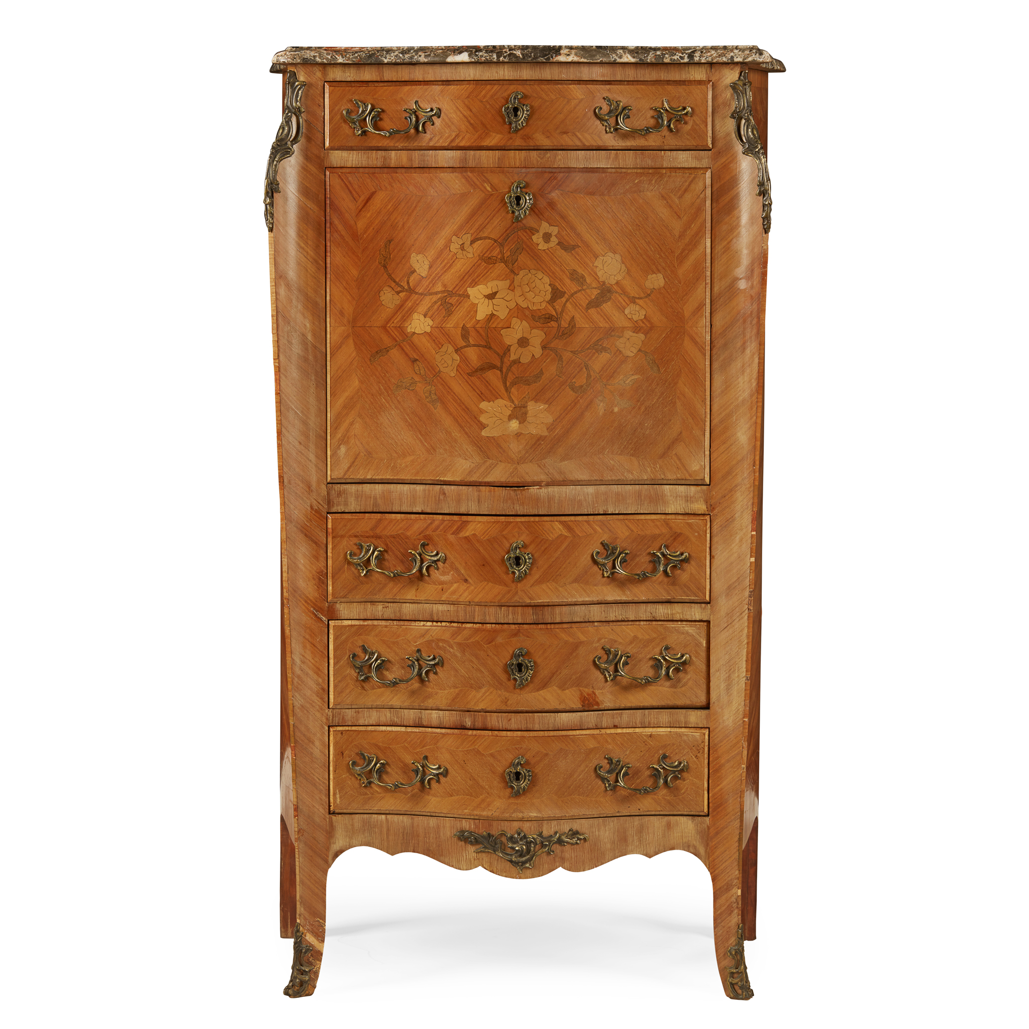 LOUIS XV STYLE KINGWOOD AND FLORAL MARQUETRY MARBLE TOP SECRETAIRE À ABBATANT