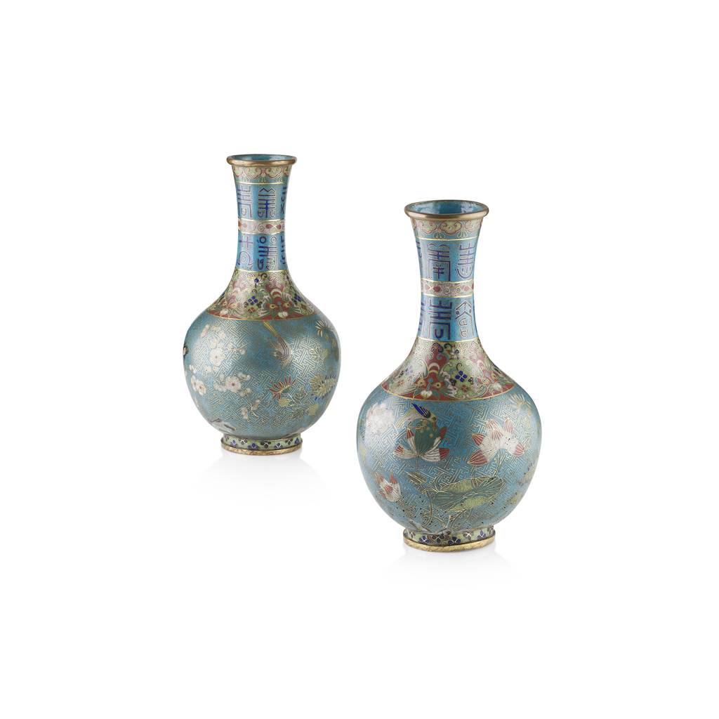 PAIR OF CLOISONNÉ ENAMEL BOTTLE VASES