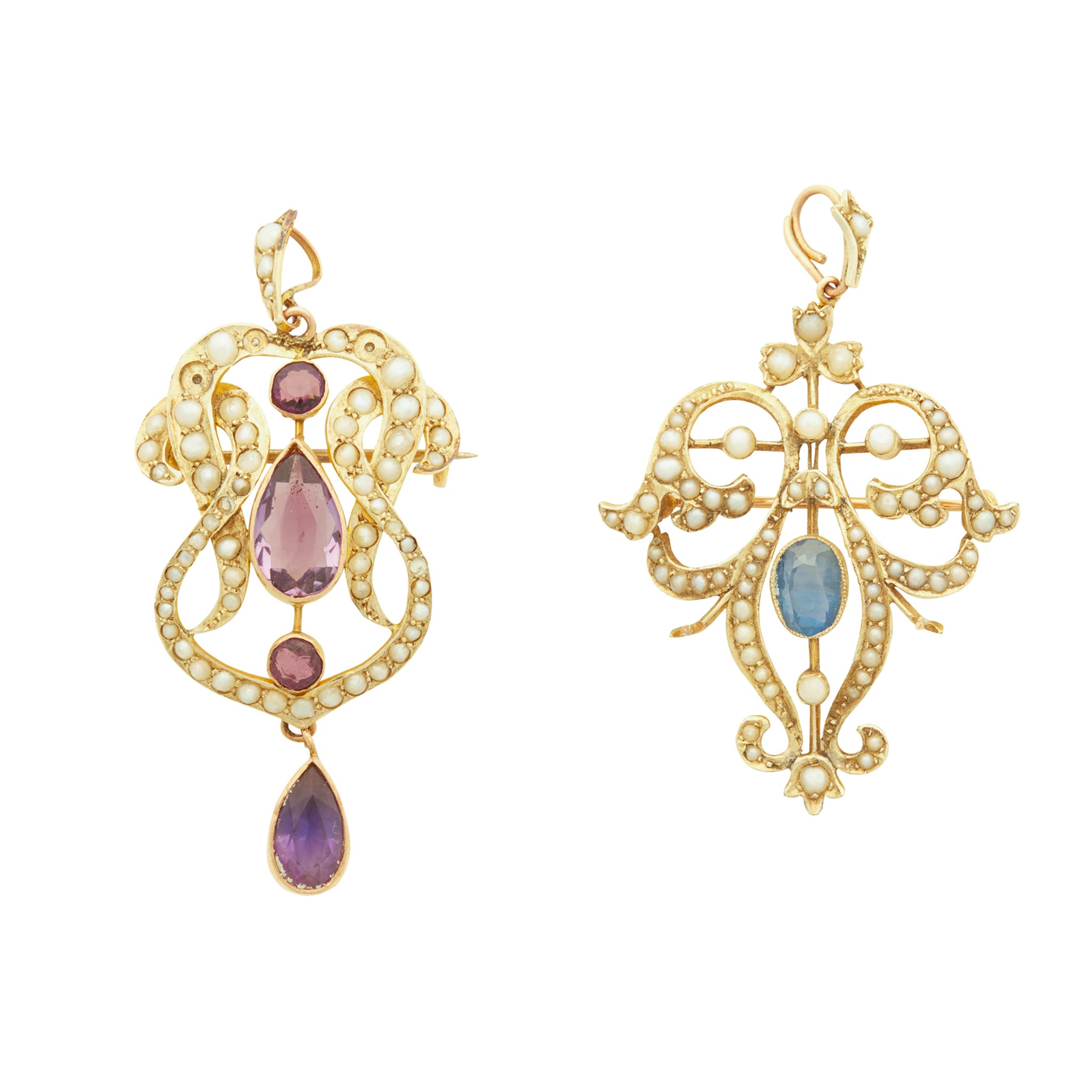 An Edwardian sapphire and seed pearl pendant