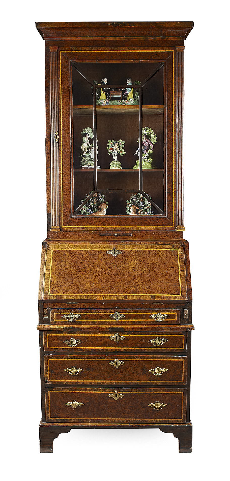 GEORGE II BURR YEW AND BOXWOOD LINED BUREAU CABINET