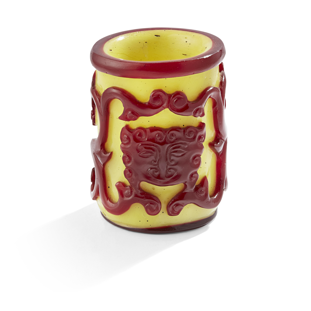 RUBY-RED-OVERLAY YELLOW GLASS BRUSHPOT