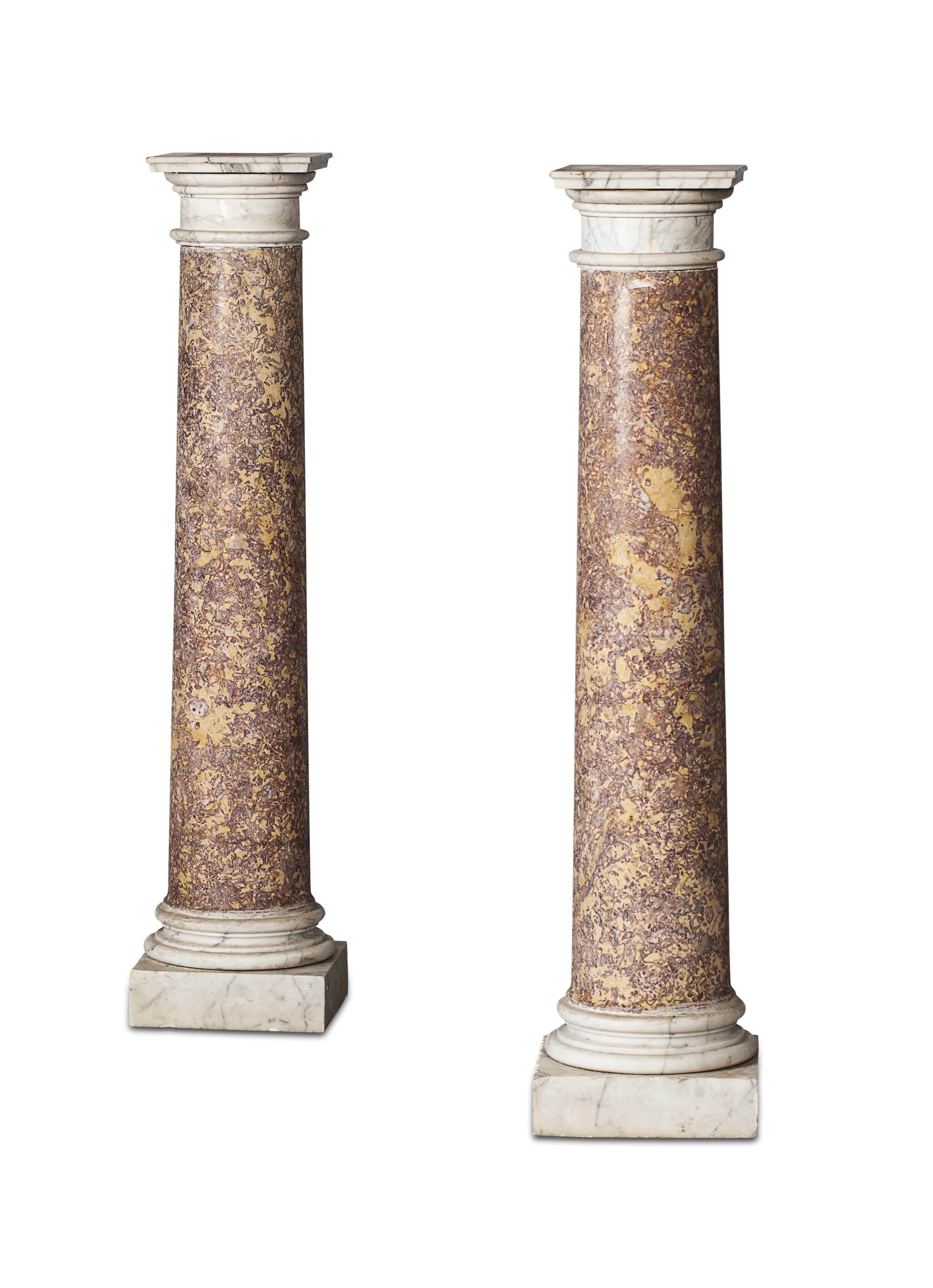 PAIR OF PINK AND YELLOW MARBLE DORIC COLUMN PEDESTALS