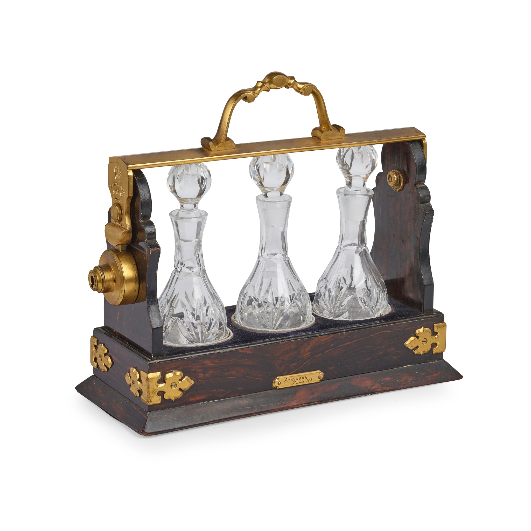 VICTORIAN BETJEMAN'S PATENT CALAMANDER AND GILT BRASS MOUNTED CRUET TANTALUS