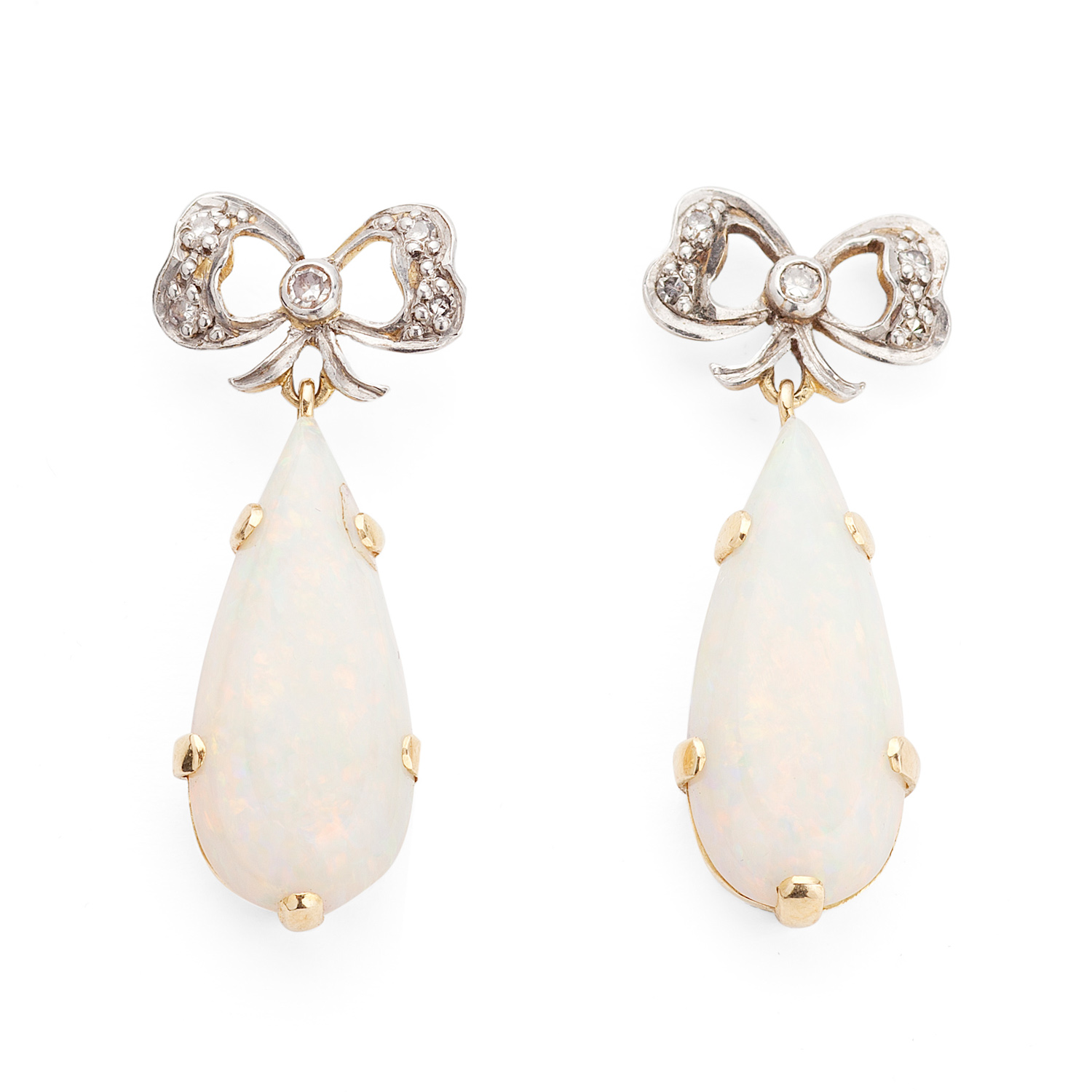 A pair of early 20th century 18ct gold mounted opal and diamond set ear pendants