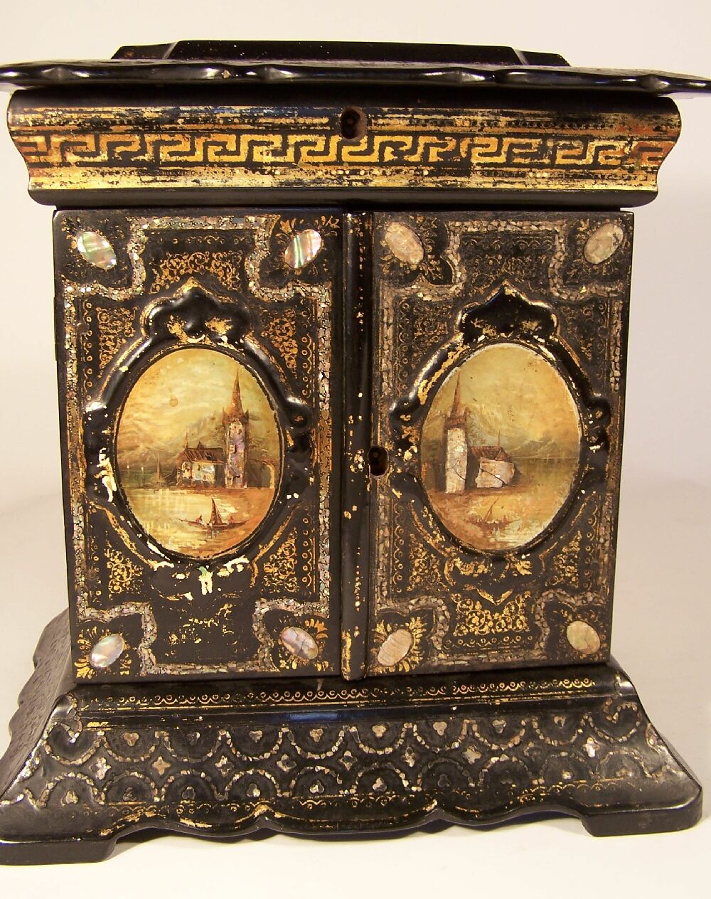 A Victorian period papier mache and gilt combined sewing and jewellery cabinet