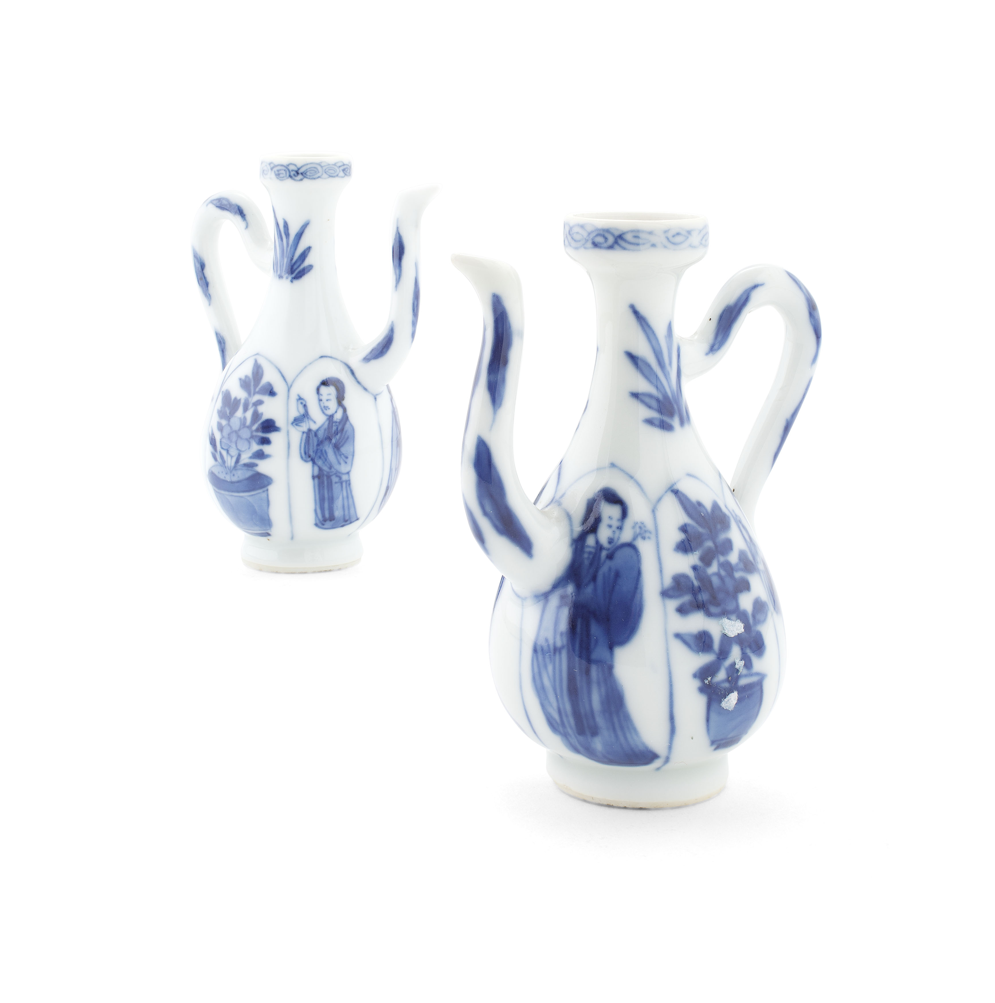 PAIR OF CHINESE MINIATURE BLUE AND WHITE EWERS
