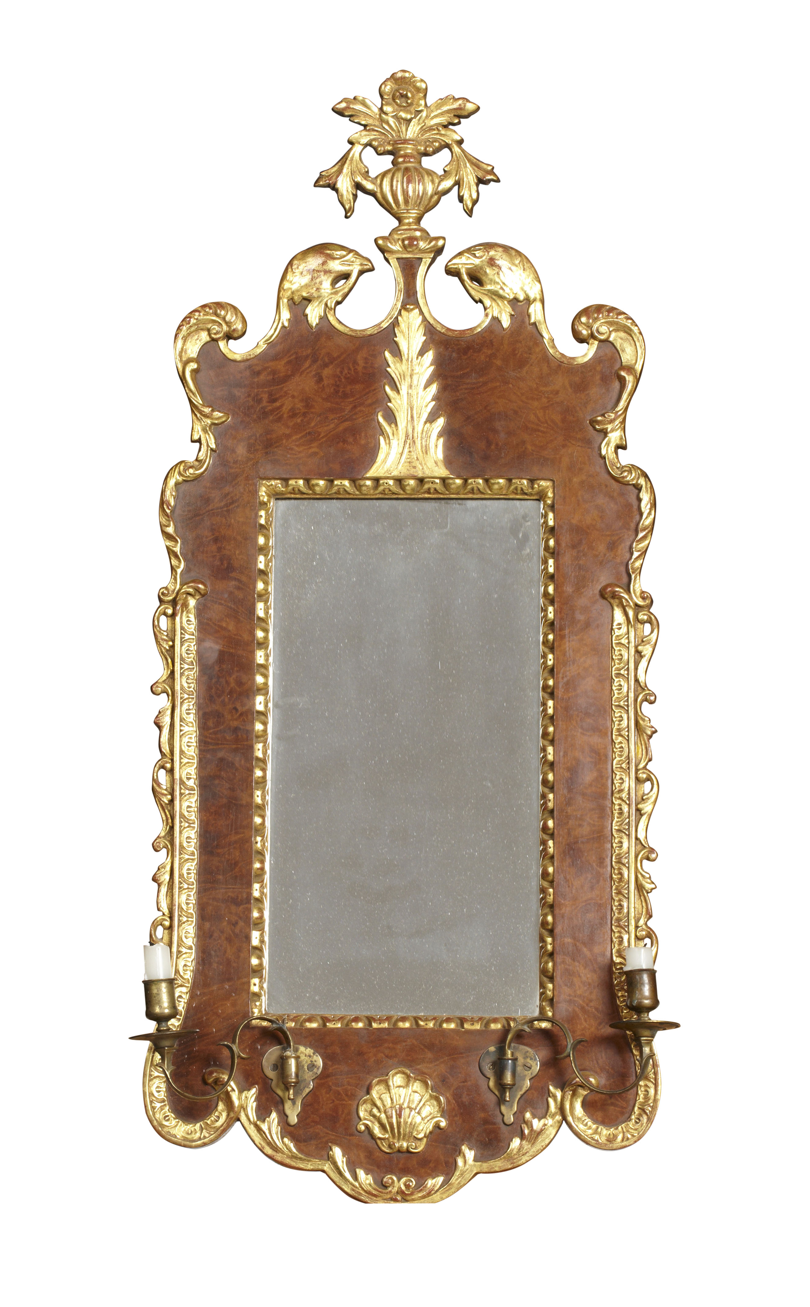 PAIR OF GEORGE I STYLE WALNUT AND GILT GIRONDOLE MIRRORS