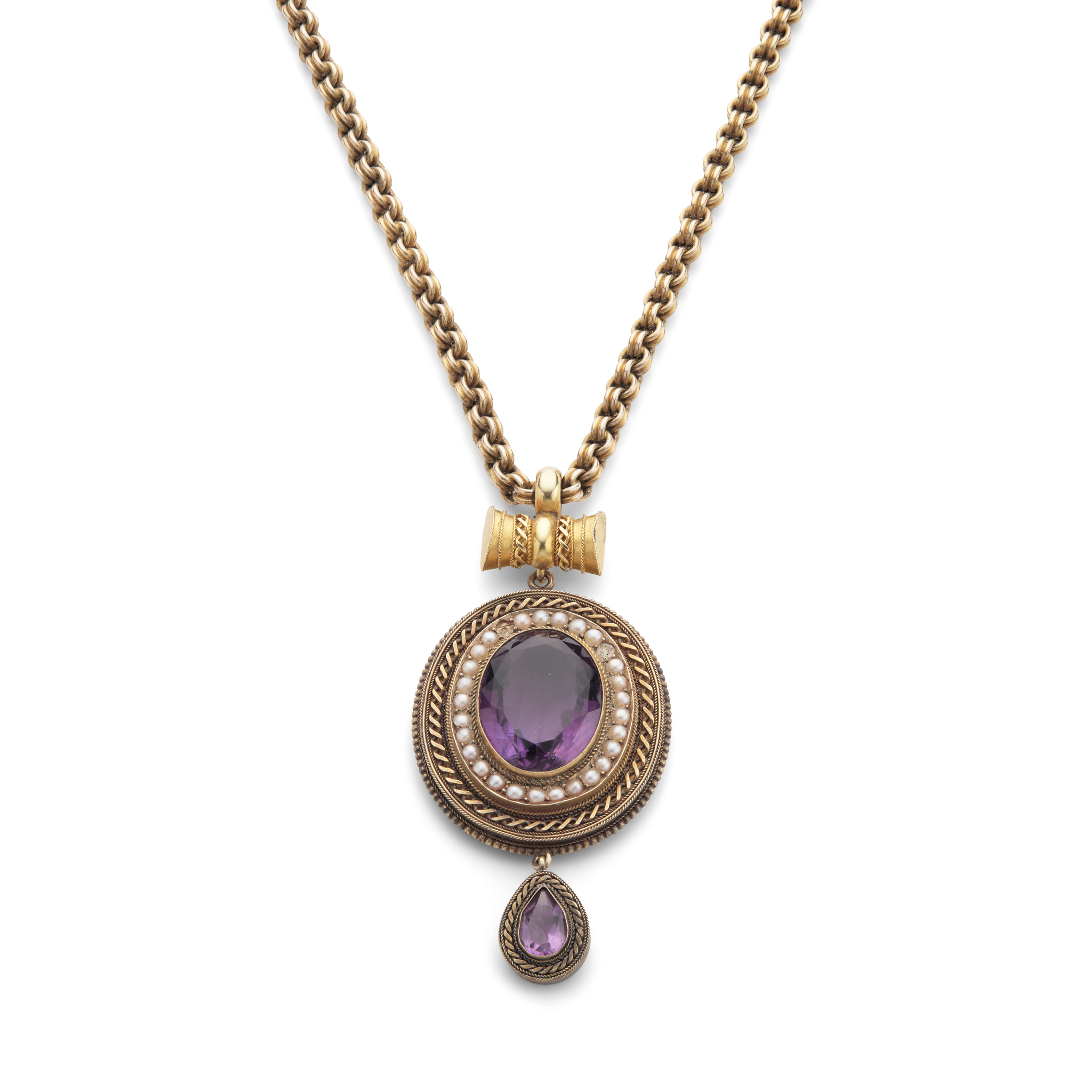 A Victorian amethyst and seed pearl pendant necklace, circa 1880s