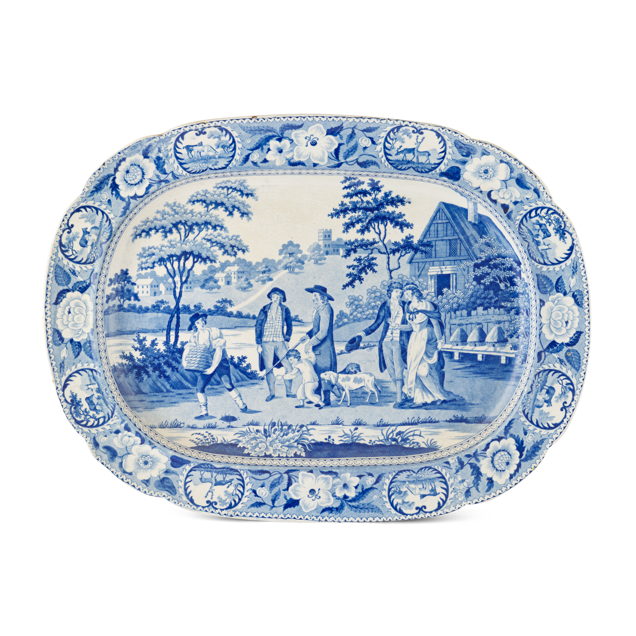 BLUE AND WHITE TRANSFER PRINTED MEAT PLATE IN 'THE BEEMASTER' PATTERN