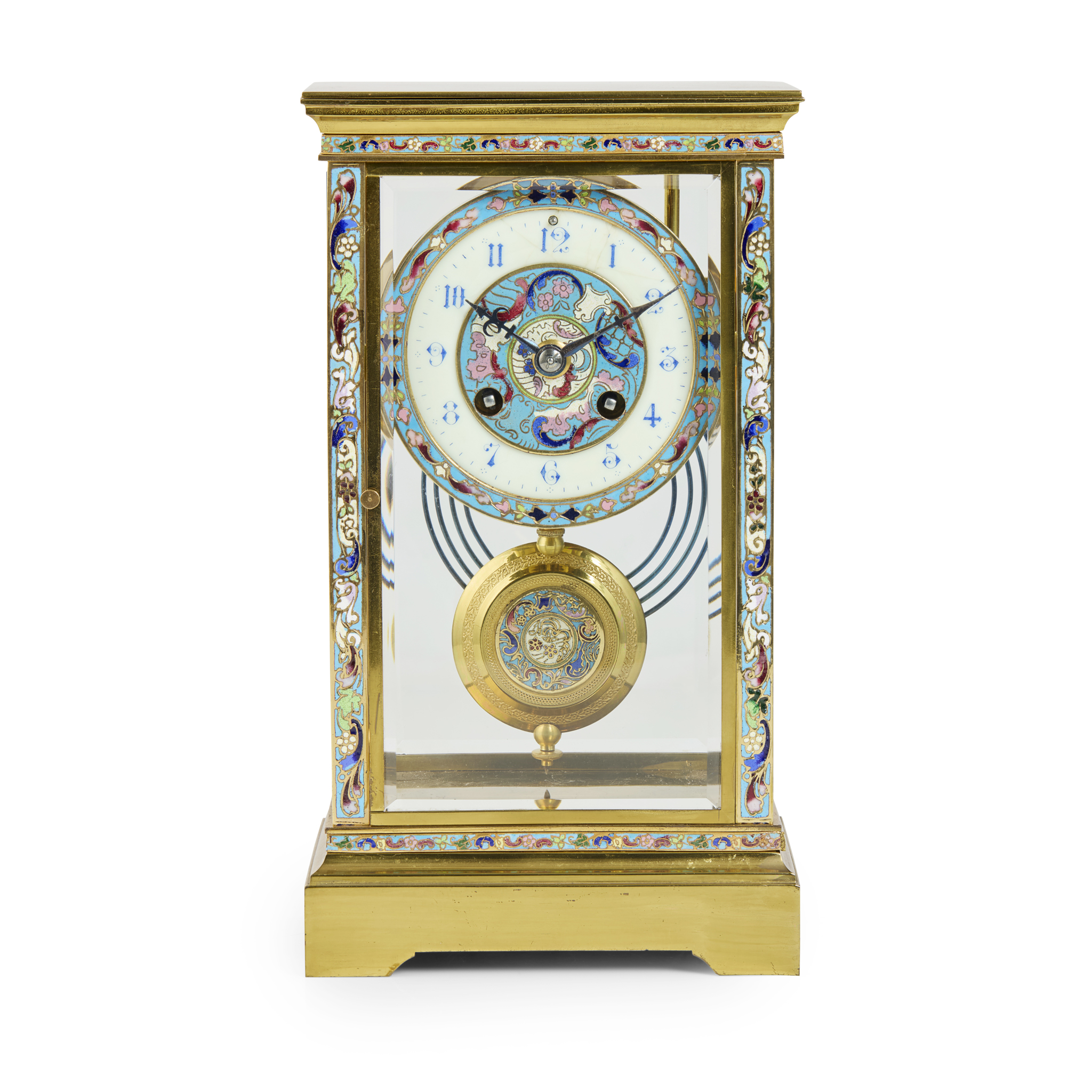 FRENCH GILT BRASS AND CHAMPLEVE ENAMEL FOUR GLASS MANTEL CLOCK