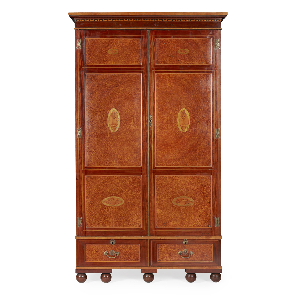 CHANNEL ISLANDS AMBOYNA, MAHOGANY AND INLAID WARDROBE