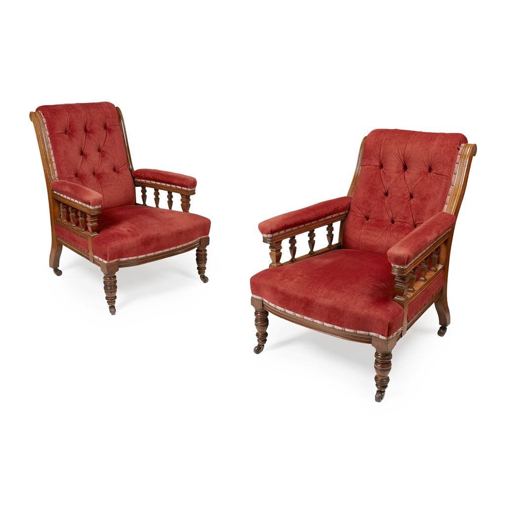 PAIR OF LATE VICTORIAN UPHOLSTERED OAK ARMCHAIRS