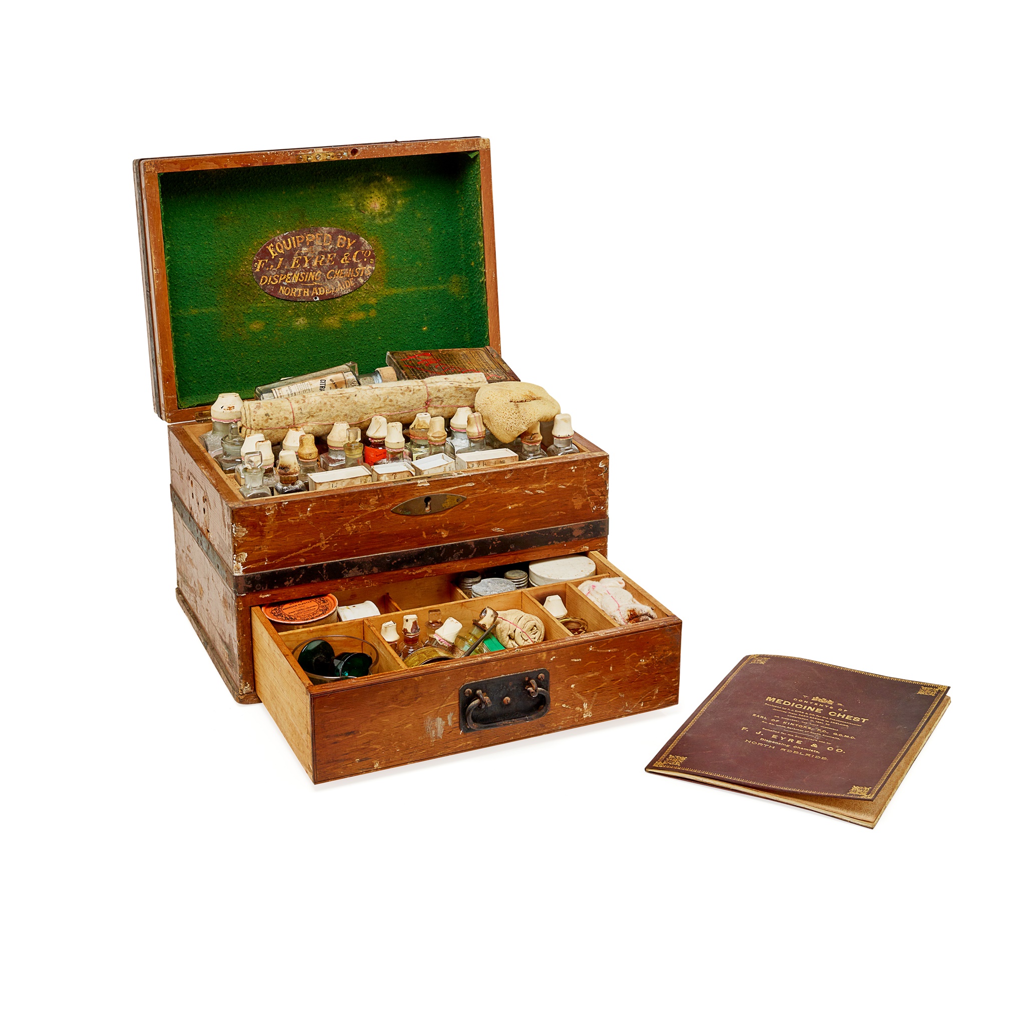 VICTORIAN METAL BANDED MEDICINE CHEST, PRESENTED TO THE EARL OF KINTORE; OF AUSTRALIAN INTEREST