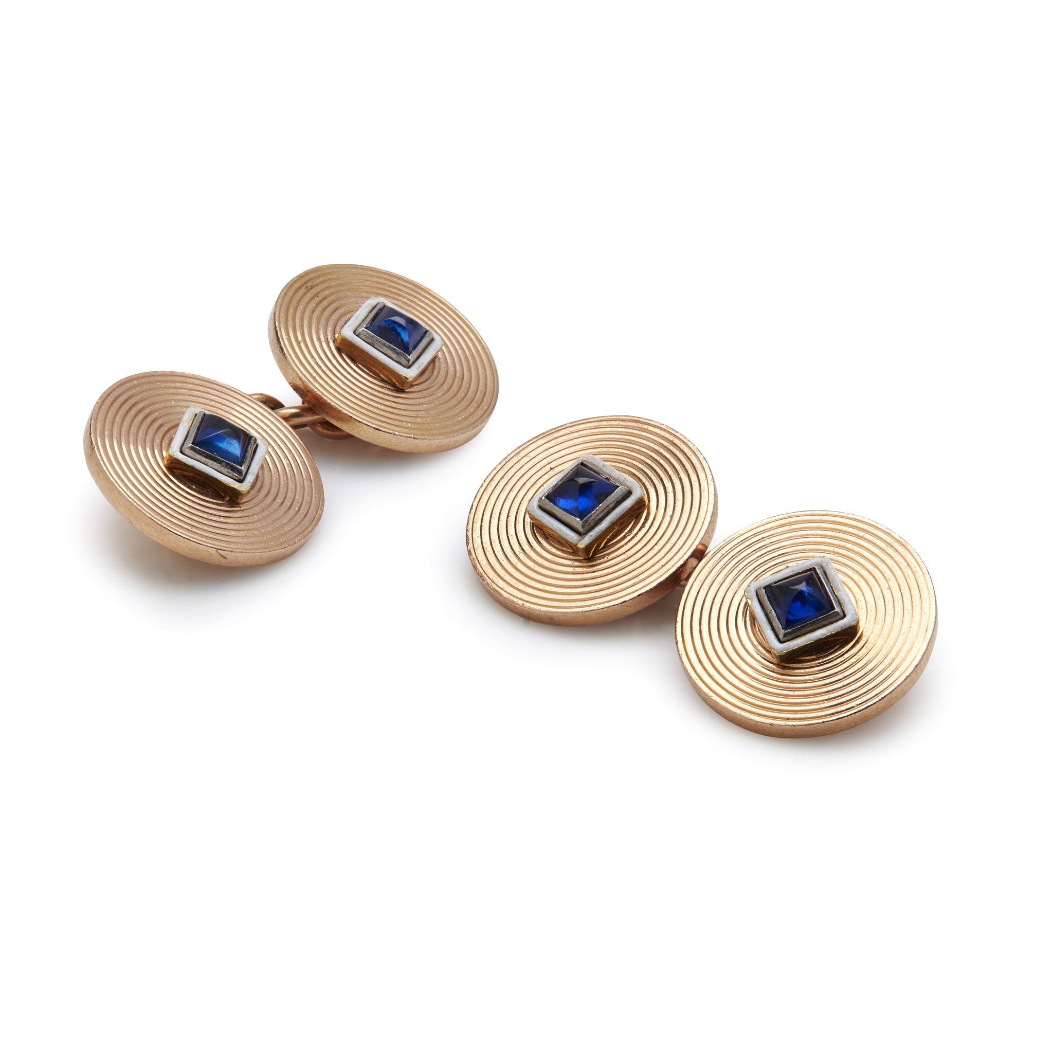 A pair of French sapphire set and enamelled cufflinks, Cartier
