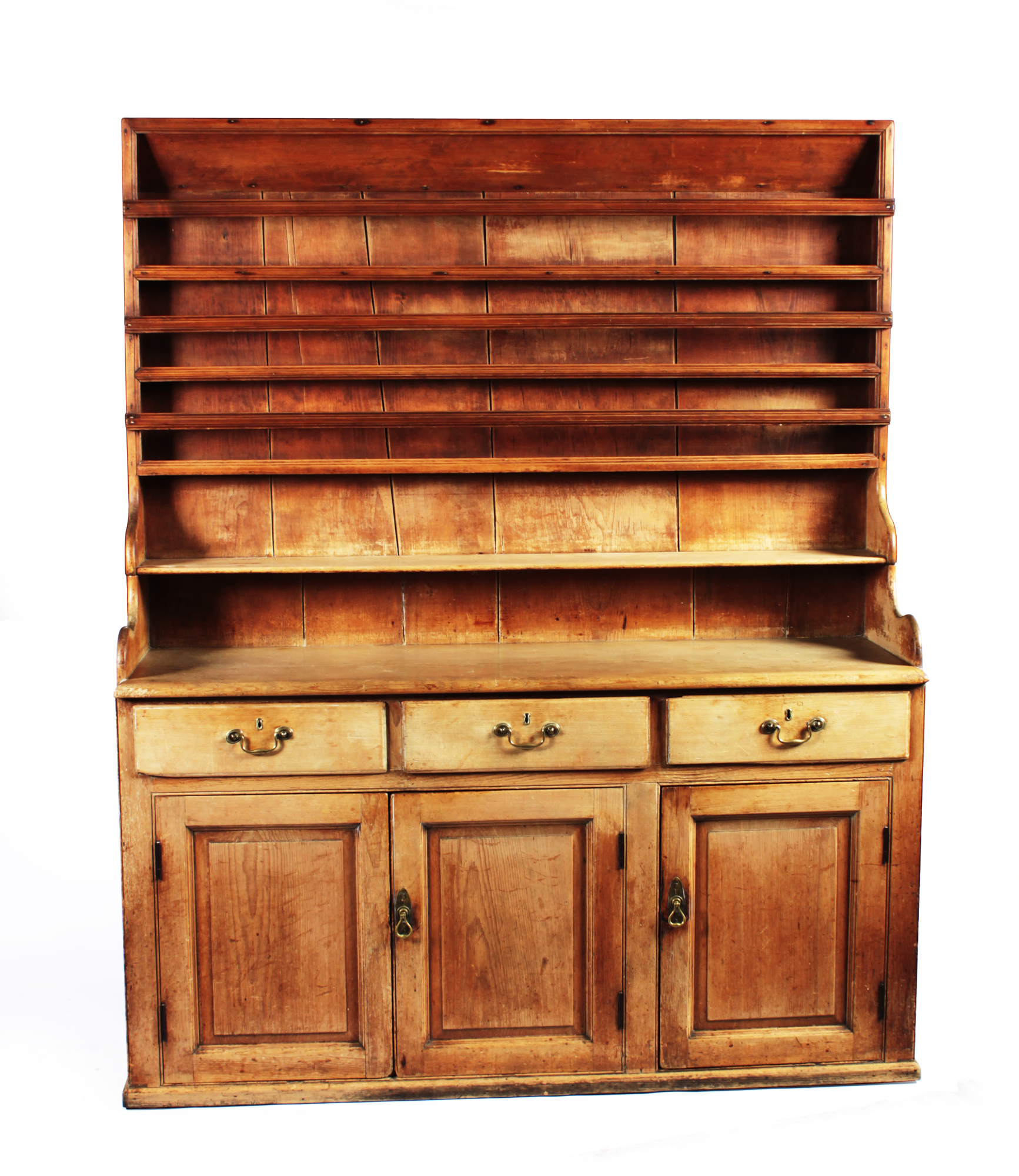 PINE THREE DRAWER DRESSER AND OPEN SHELF PLATERACK