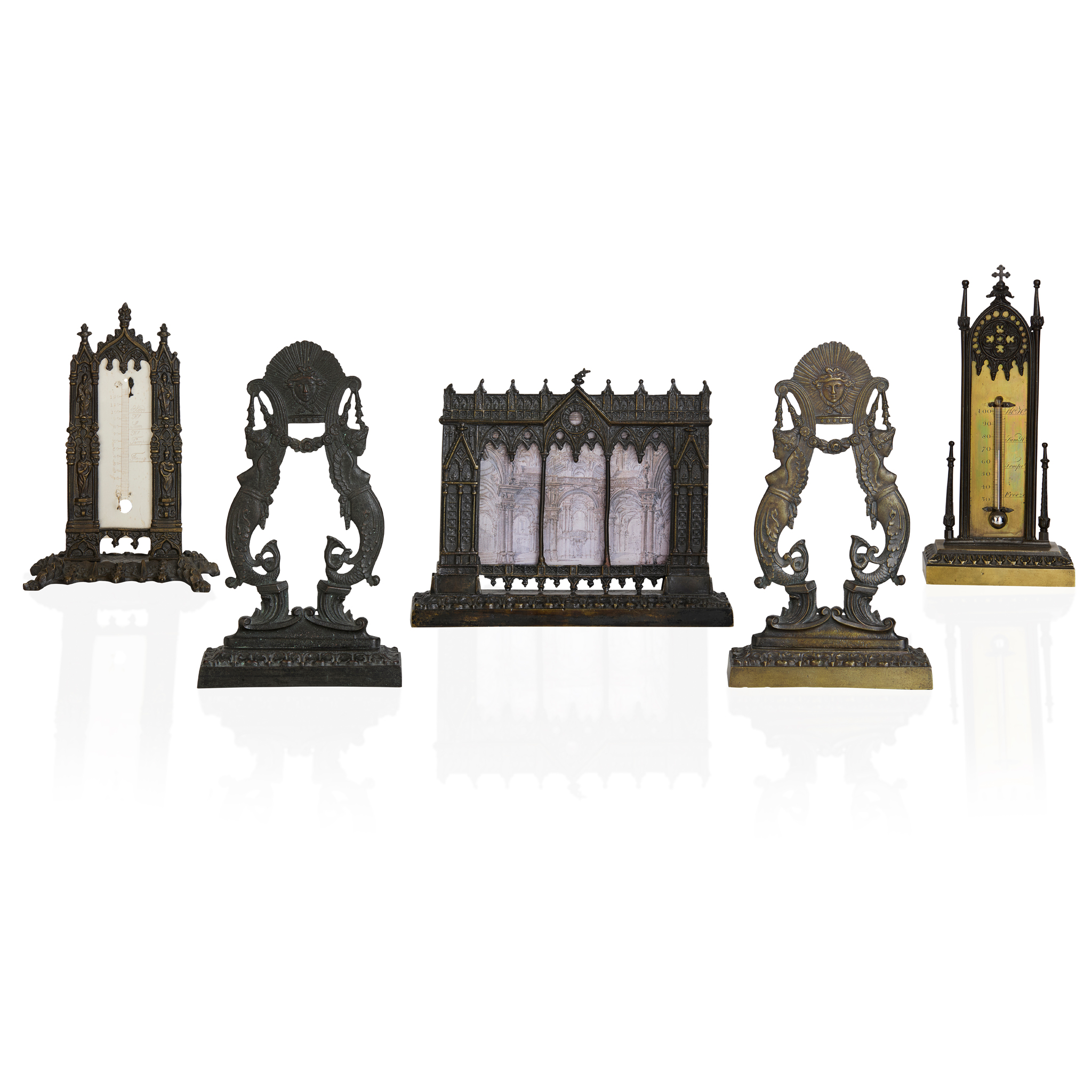 COLLECTION OF PATINATED METAL THERMOMETER STANDS