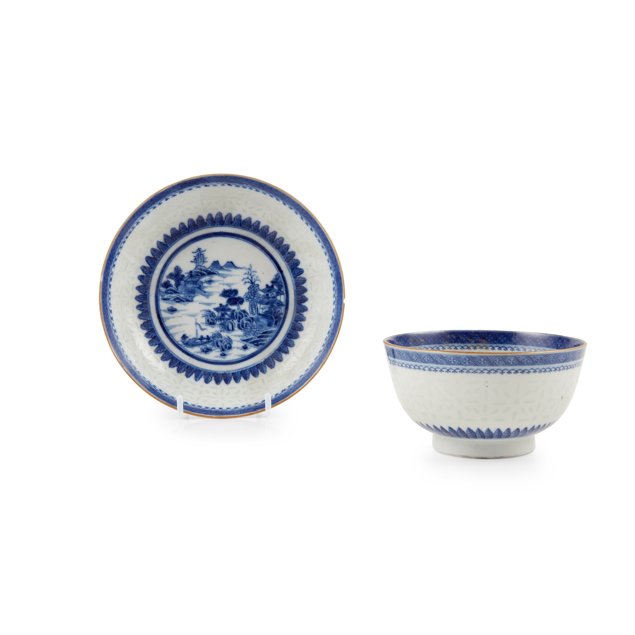 TWO BLUE AND WHITE 'RICE GRAIN' WARES