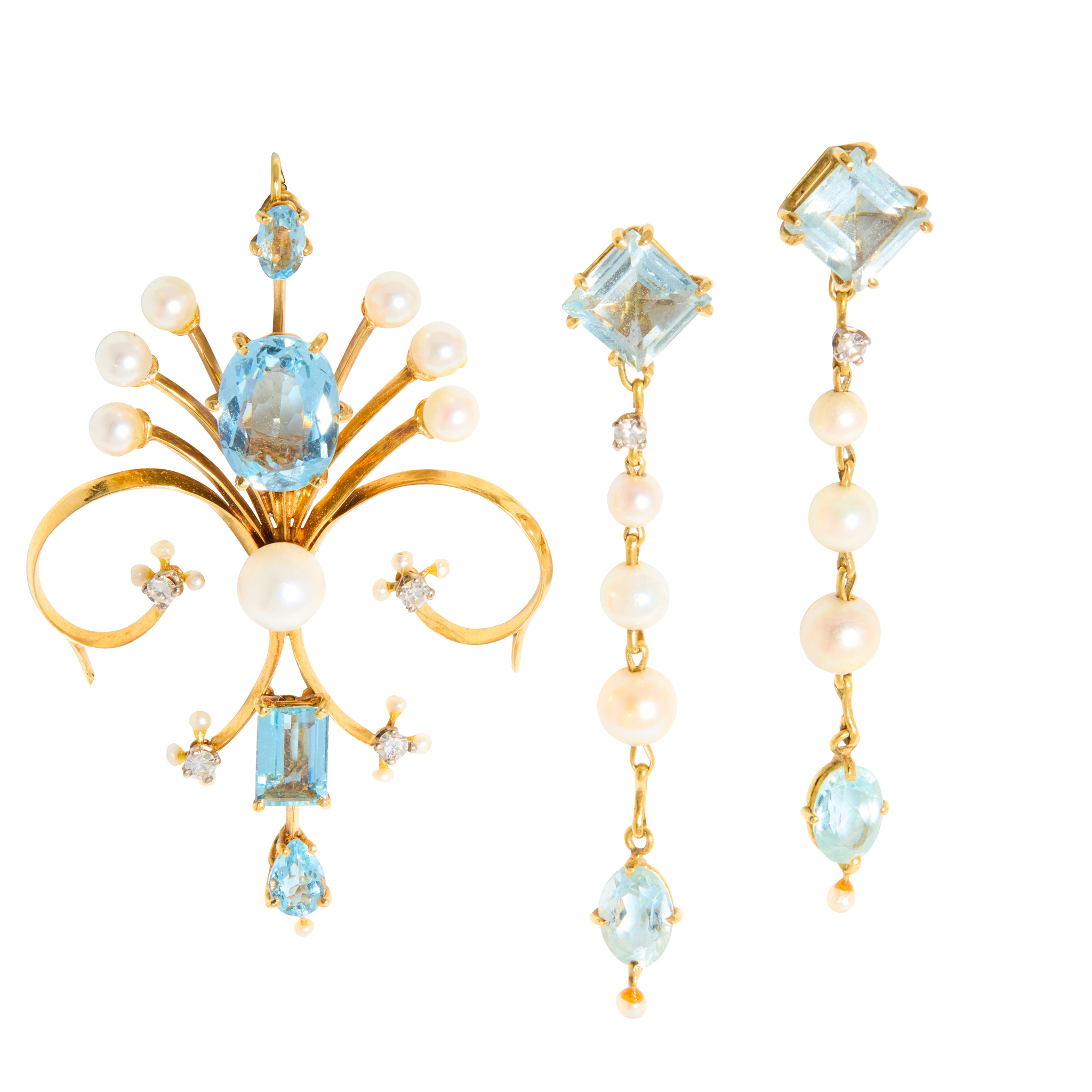 An aquamarine, diamond and cultured pearl pendant and earrings