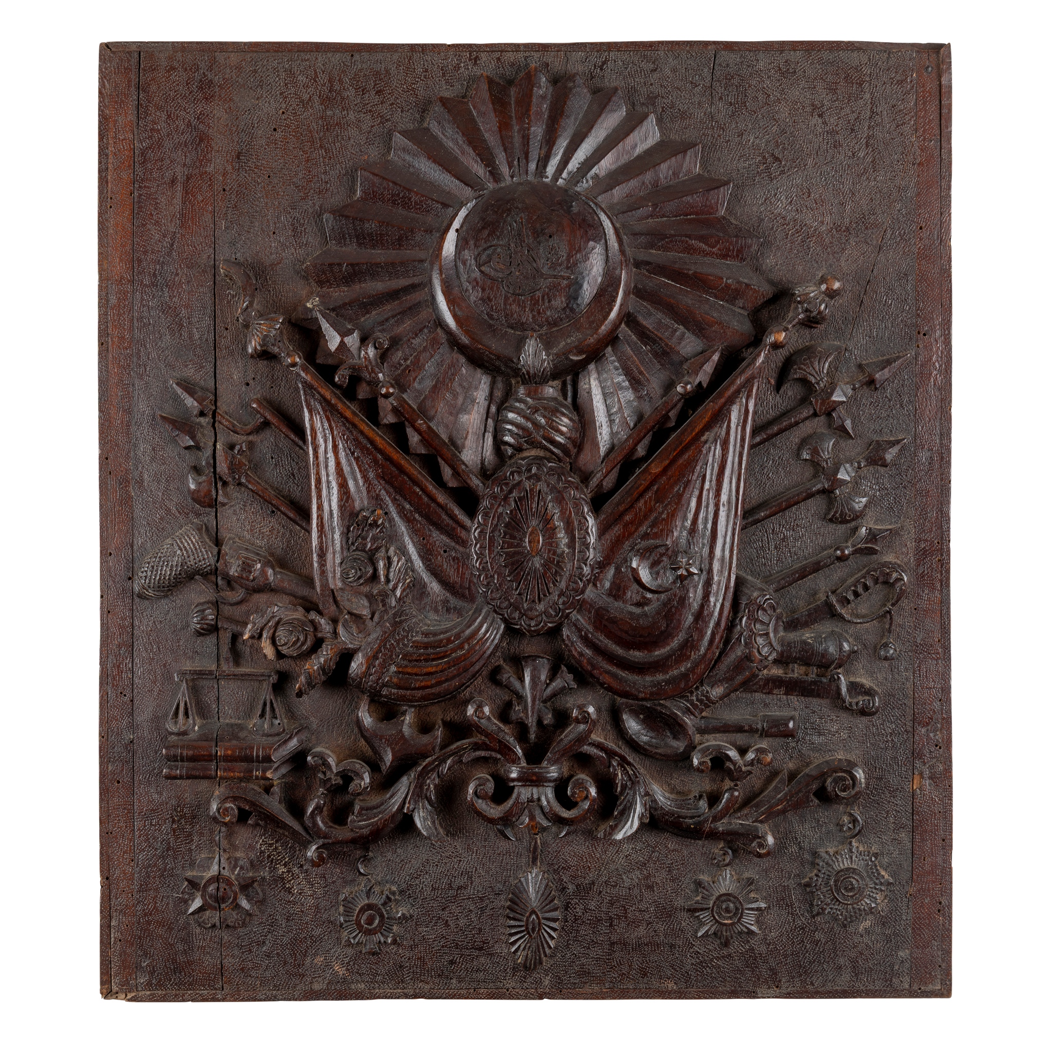 A RARE OTTOMAN WOOD PANEL WITH THE IMPERIAL COAT OF ARMS OF SULTAN ABDULHAMID II (R. 1876-1909)