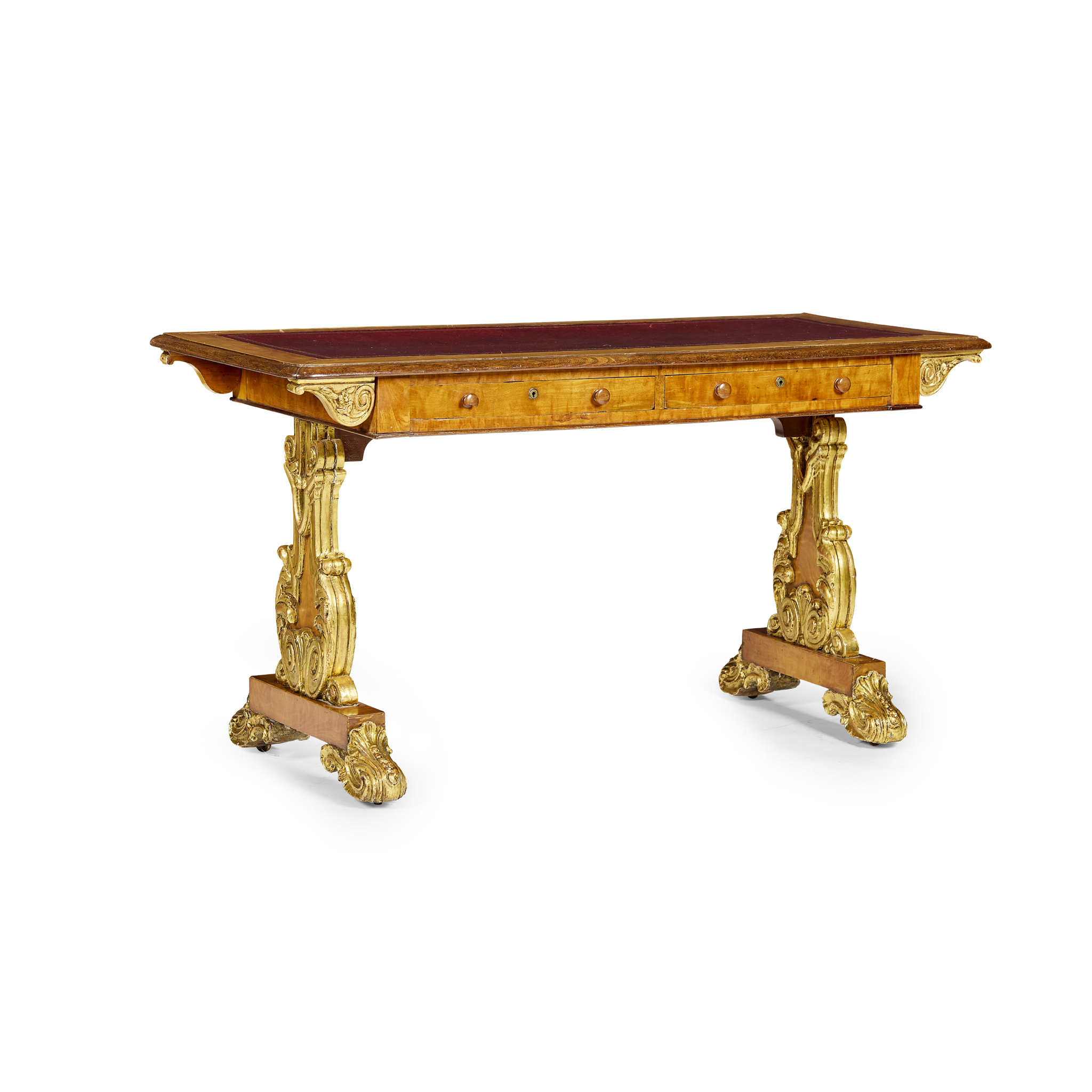 LATE REGENCY GILTWOOD AND BLONDE MAHOGANY LIBRARY TABLE