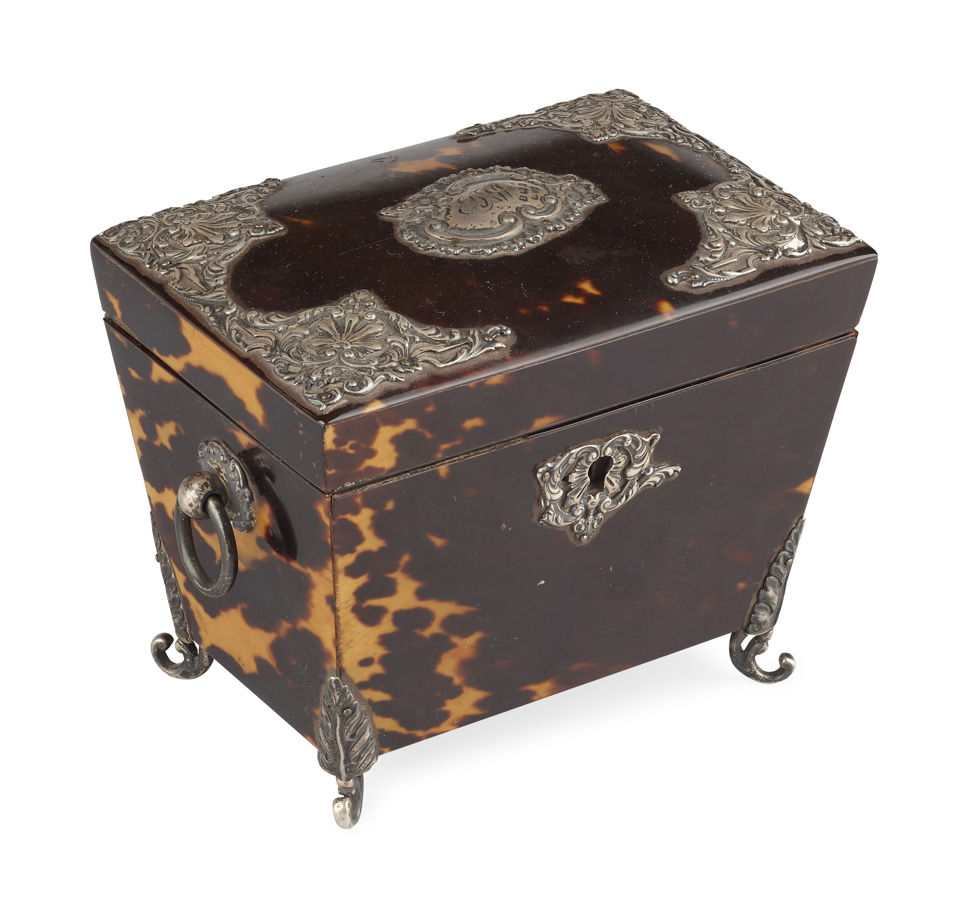 SMALL VICTORIAN TORTOISESHELL AND SILVER MOUNTED CADDY