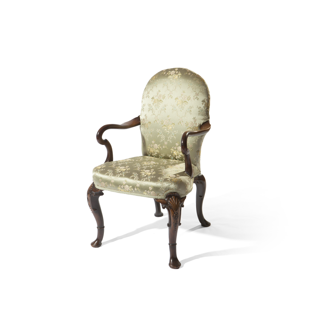 A QUEEN ANNE WALNUT AND UPHOLSTERD OPEN ARMCHAIR