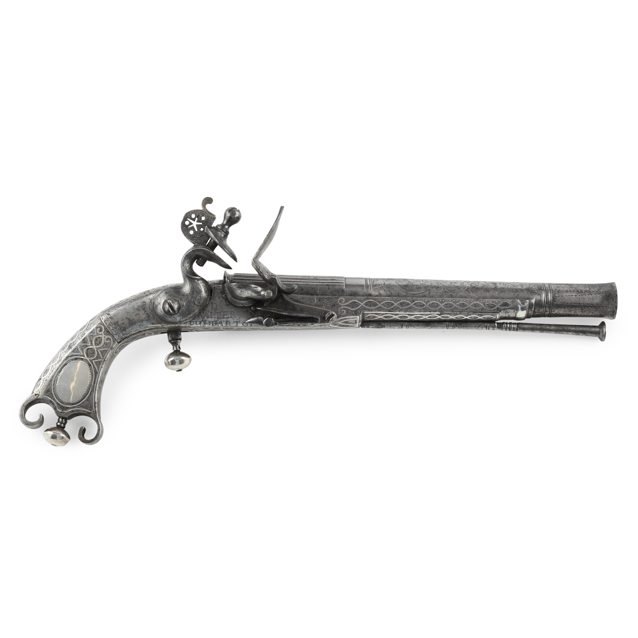 A MID-18TH CENTURY SCOTTISH FLINTLOCK ALL METAL SCROLL BUTT BELT PISTOL