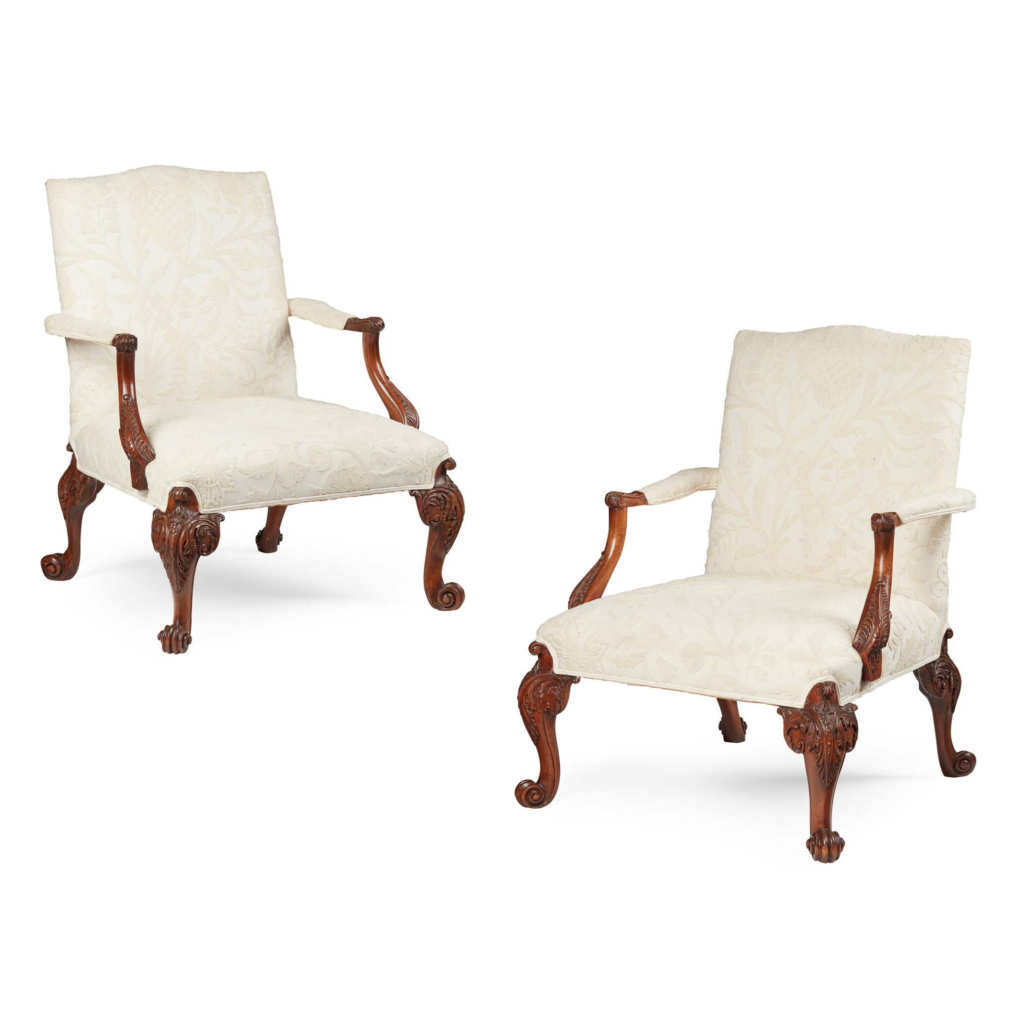 PAIR OF GEORGE III STYLE CARVED MAHOGANY LIBRARY ARCHAIRS