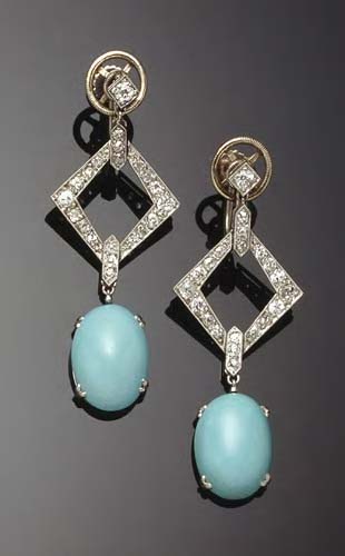A pair of Art Deco turquoise and diamond pendant earrings,