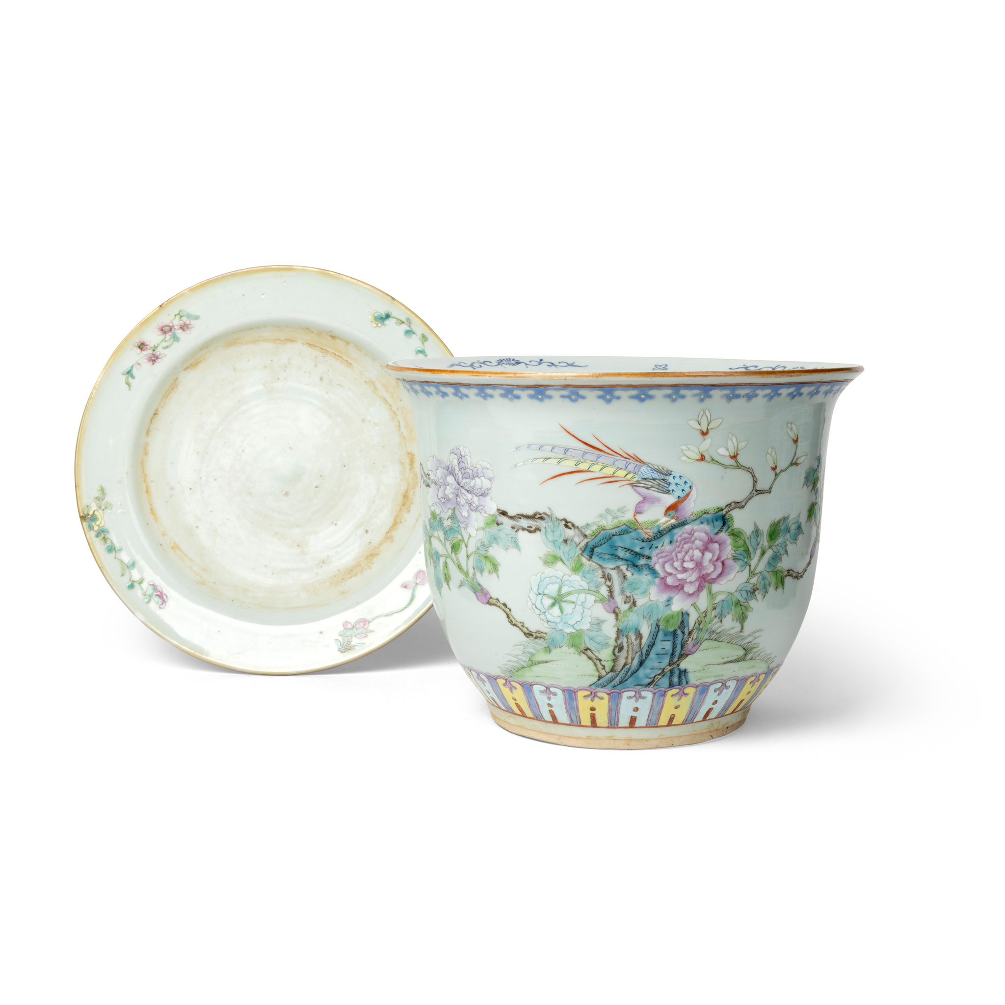 CHINESE FAMILLE ROSE ‘BIRD AND FLOWER’ JARDINIÈRE WITH STAND