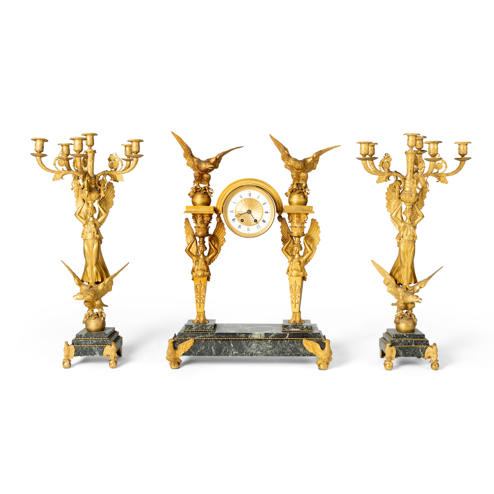 A FRENCH GILT-BRONZE AND MARBLE CLOCK GARNITURE