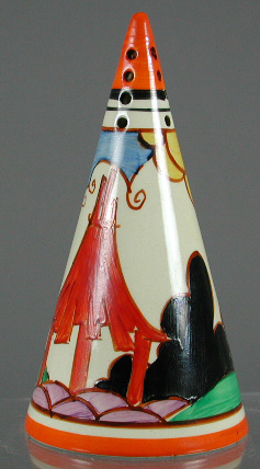 A Clarice Cliff conical sugar sifter,