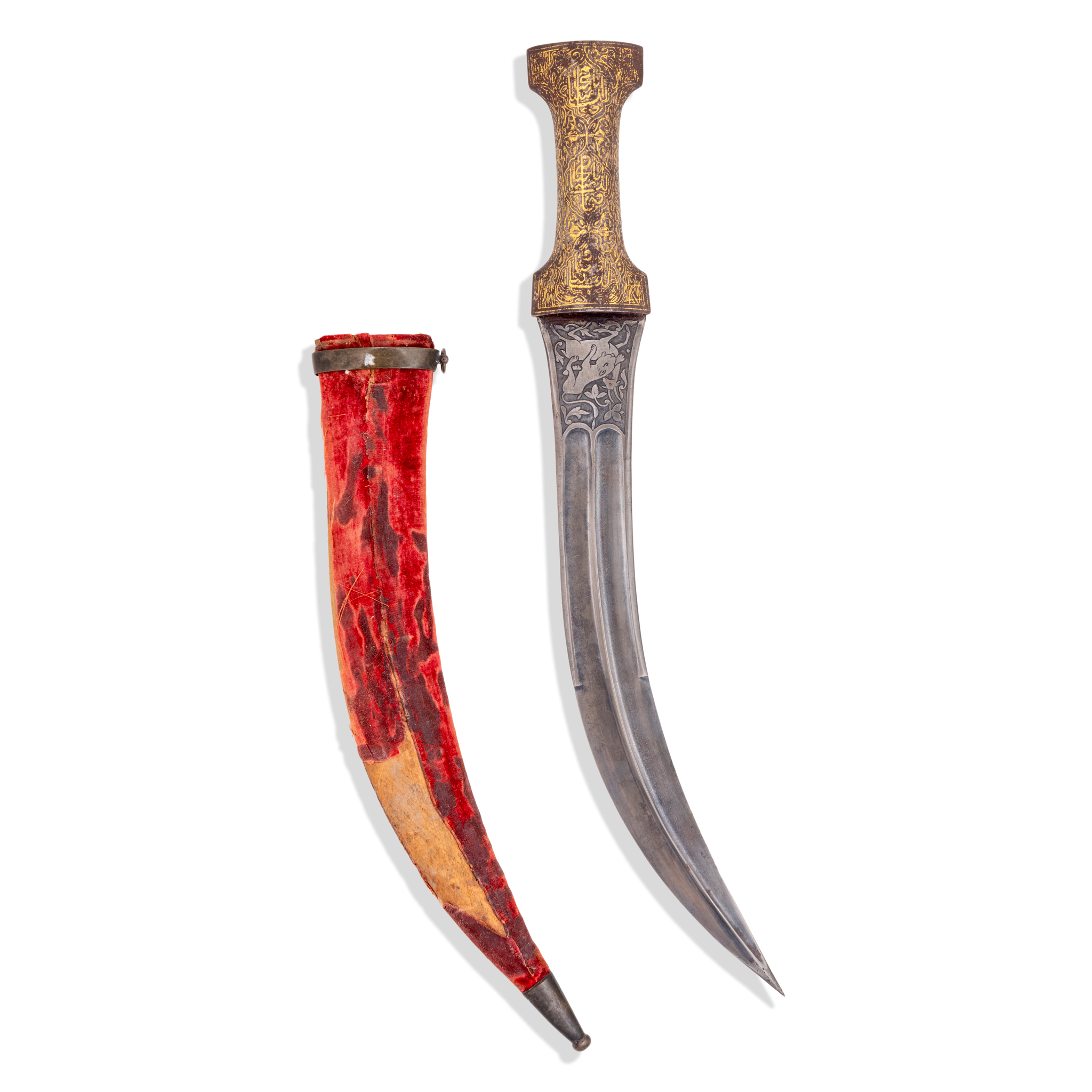 A QAJAR GOLD-DAMASCENED WATERED STEEL DAGGER (KHANJAR)