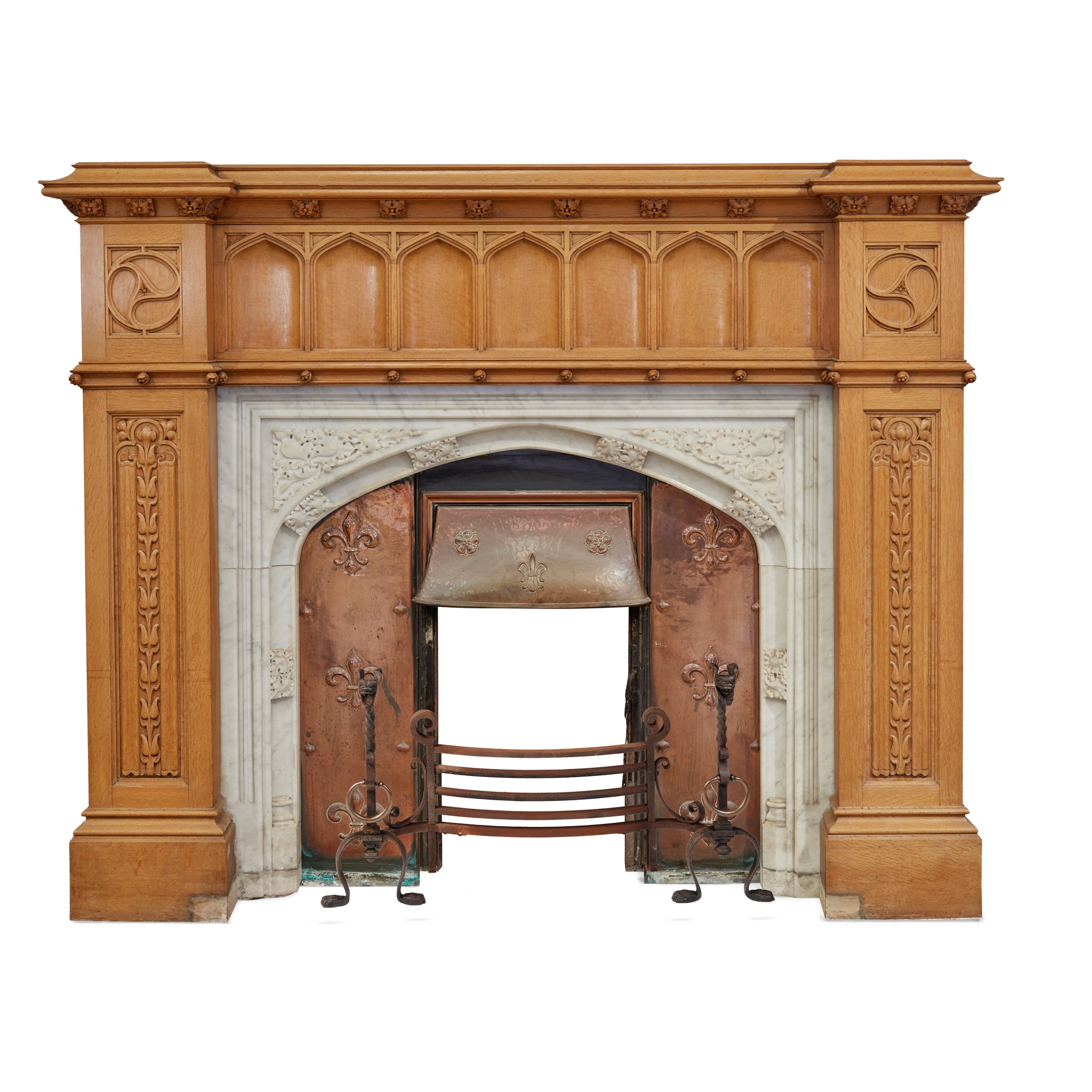 LARGE GOTHIC REVIVAL OAK AND WHITE MARBLE FIRE SURROUND
