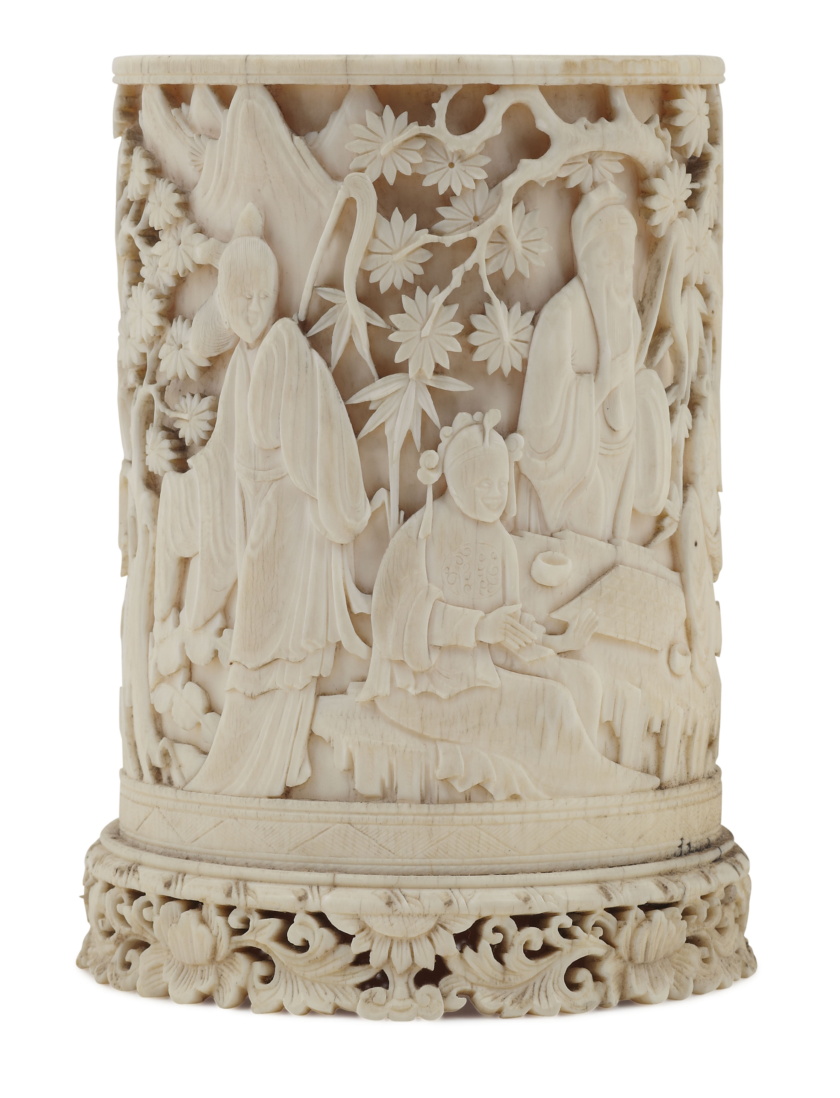 CHINESE CANTON CARVED IVORY BRUSH POT